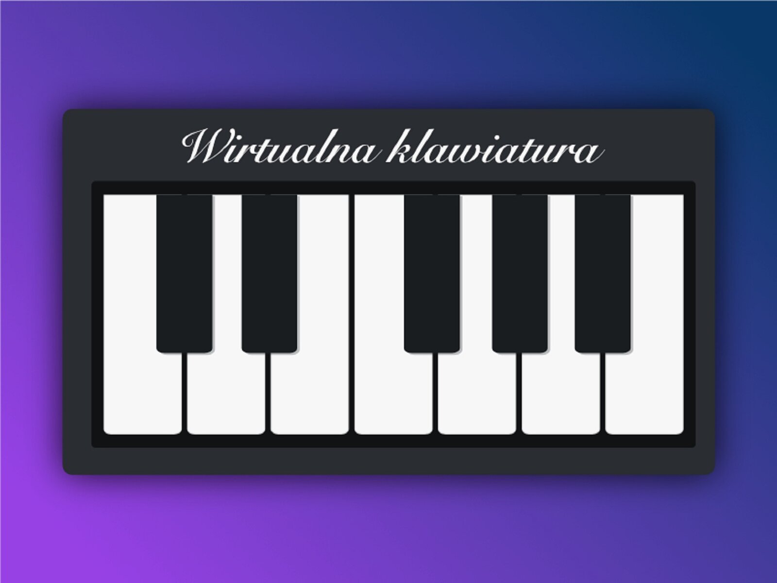 Aplikacja "Wirtualna klawiatura" jest aplikacją, dzięki której można zagrać na wybranych instrumentach, korzystając z wirtualnej klawiatury. W aplikacji można uruchomić kilka melodii. Po wybraniu melodii klawiatura podświetla klawisze na które należy kliknąć - wtedy odtwarzają się prawidłowe dźwięki i można zagrać melodię.