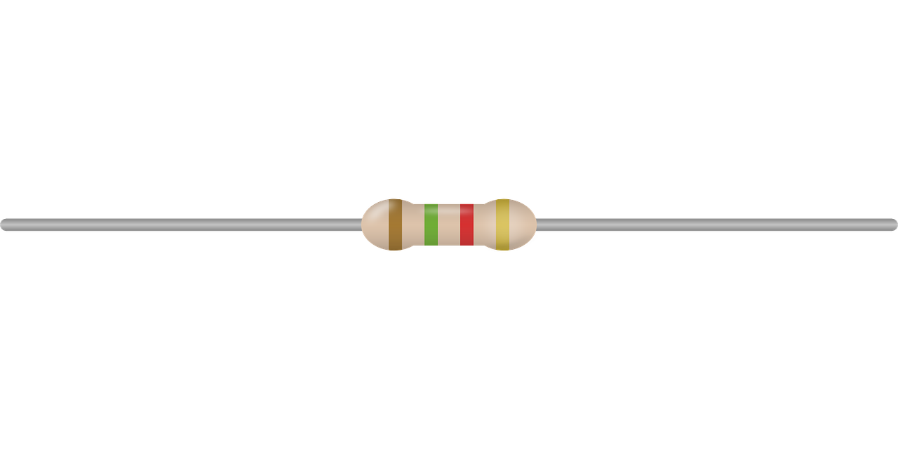 Ilustracja przedstawia opornik jest to metalowa rurka. Na środku znajduję się biały element z czterema pasami. Kolory pasów od lewej brązowy, zielony, czerwony oraz żółty. Element przypomina kształtem walec z pogrubionymi końcami w kształcie koła.