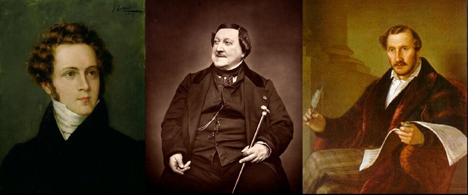 Ilustracja przedstawia trzech mężczyzn, od lewej: Bellini, Rossini, Donizetti. Byli to przedstawiciele oper bel canto. Bellini to młody mężczyzna z lekko lokowanymi włosami, ma delikatną, gładką twarz. Ubrany w biały golf i czarną marynarkę. Rossini to otyły starszy mężczyzna z dłuższymi, zaczesanymi włosami. Ma uśmiechniętą twarz i delikatny wąsik. Ubrany we frak i płaszcz. W lewej ręce trzymał laskę. Donizetti to mężczyzna w średnim wieku z poważnym wyrazem twarzy. Siedzi w fotelu. W prawej ręce trzyma pióro, w lewej zeszyt z lutami. Ubrany w białą koszulę i bordowy płaszcz.