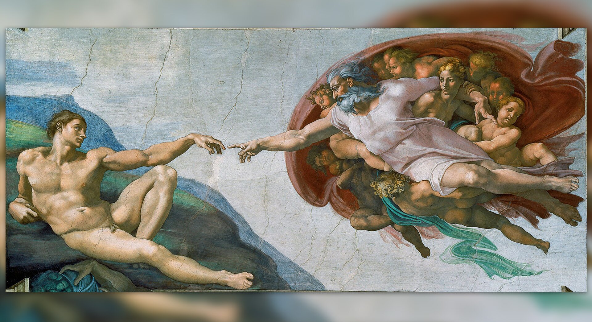 Fresk przedstawia scenę z Księgi Rodzaju, w której Bóg daje życie Adamowi, pierwszemu człowiekowi.
Jahwe jest przedstawiony jako starszy człowiek z brodą. Ciało Boga jest bardzo bliskie klasycznemu pięknu oraz idealnym proporcjom. Spoczywa na rozłożystej purpurowej szacie, razem z kilkoma cherubinami. Jego lewe ramię obejmuje kobietę, prawdopodobnie Ewę, która dopiero czeka w niebie na bycie stworzoną. Adam przedstawiony jest na tle zielonych ogrodów i błękitnych wód Edenu. Prawe ramię Boga wysuwa się, aby przekazać iskrę życia do palca Adama. Palce Boga i Adama znajdują się w bardzo niewielkiej odległości od siebie.