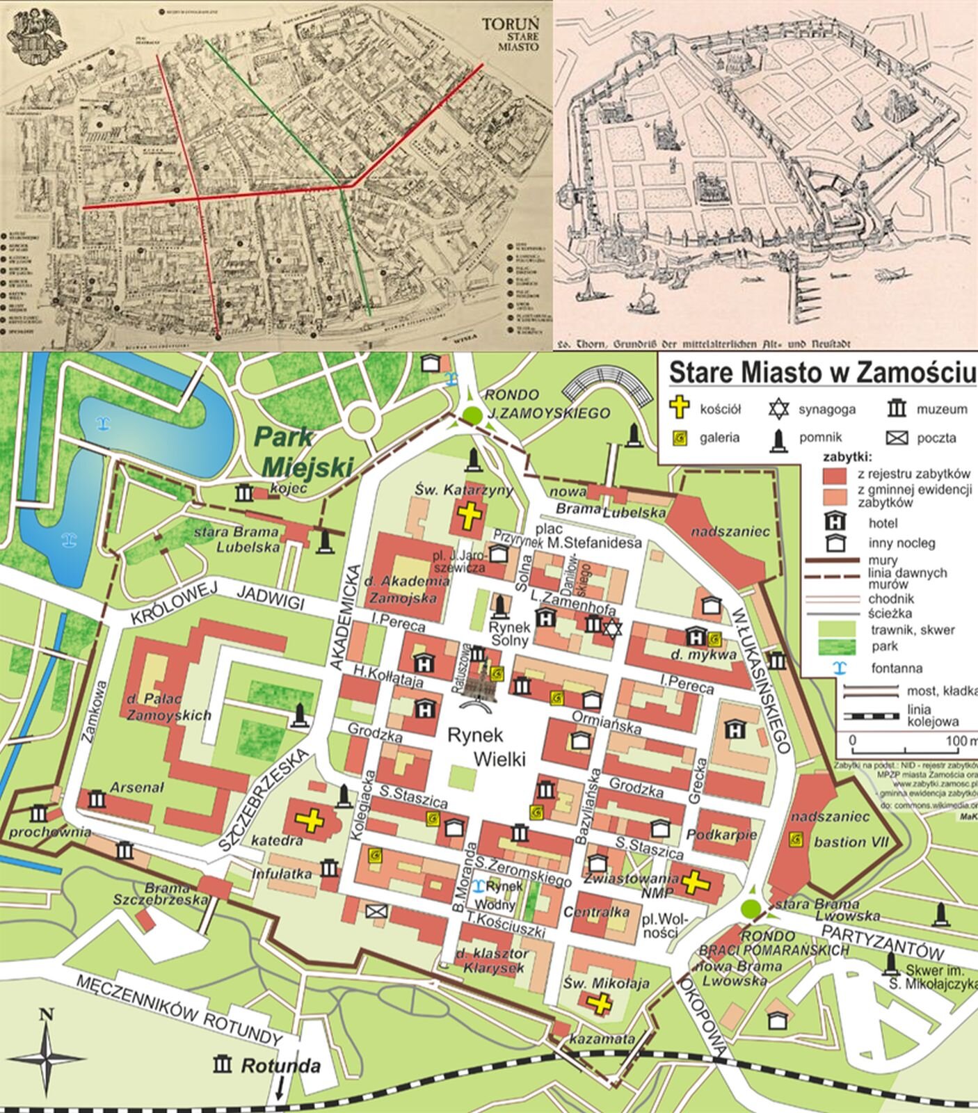 Ilustracja przedstawia fotokolaż, który składa się z trzech map Torunia usytuowanych na dwóch poziomach: dwie znajdują się w górnej linii, a jedna poniżej. Z lewej na górze fotografia przedstawia szkic mapy toruńskiej starówki. Kolorem zielonym znaczono granicę dawnych murów, oddzielających Stare i Nowe Miasto. Oś architektoniczna główna i poprzeczna to kolor czerwony. W lewym górnym rogu znajduje się herb miasta. Po lewej i prawej stronie jest legenda. Na fotografii z prawej strony znajduje się mapa Torunia z 1641 roku. Na mapie widać mury z wieżyczkami otaczające miasto. Mur biegnie również przez środek miasta. Zaznaczone są na mapie działki, na niektórych znajdują się budowle. U dołu planu znajduje się rzeka, którą płyną statki i łodzie. Na fotografii trzeciej znajduje się współczesna mapa geograficzna miasta Toruń. Mapa jest kolorowa. Duży obszar wokół miasta wypełniają zaznaczone tereny zielone, wśród nich lasy. Czarnym kolorem zaznaczono starówkę, a kolorem fioletowym - obszar administracyjny miasta. Na mapie naniesione są nazwy dzielnic Torunia.