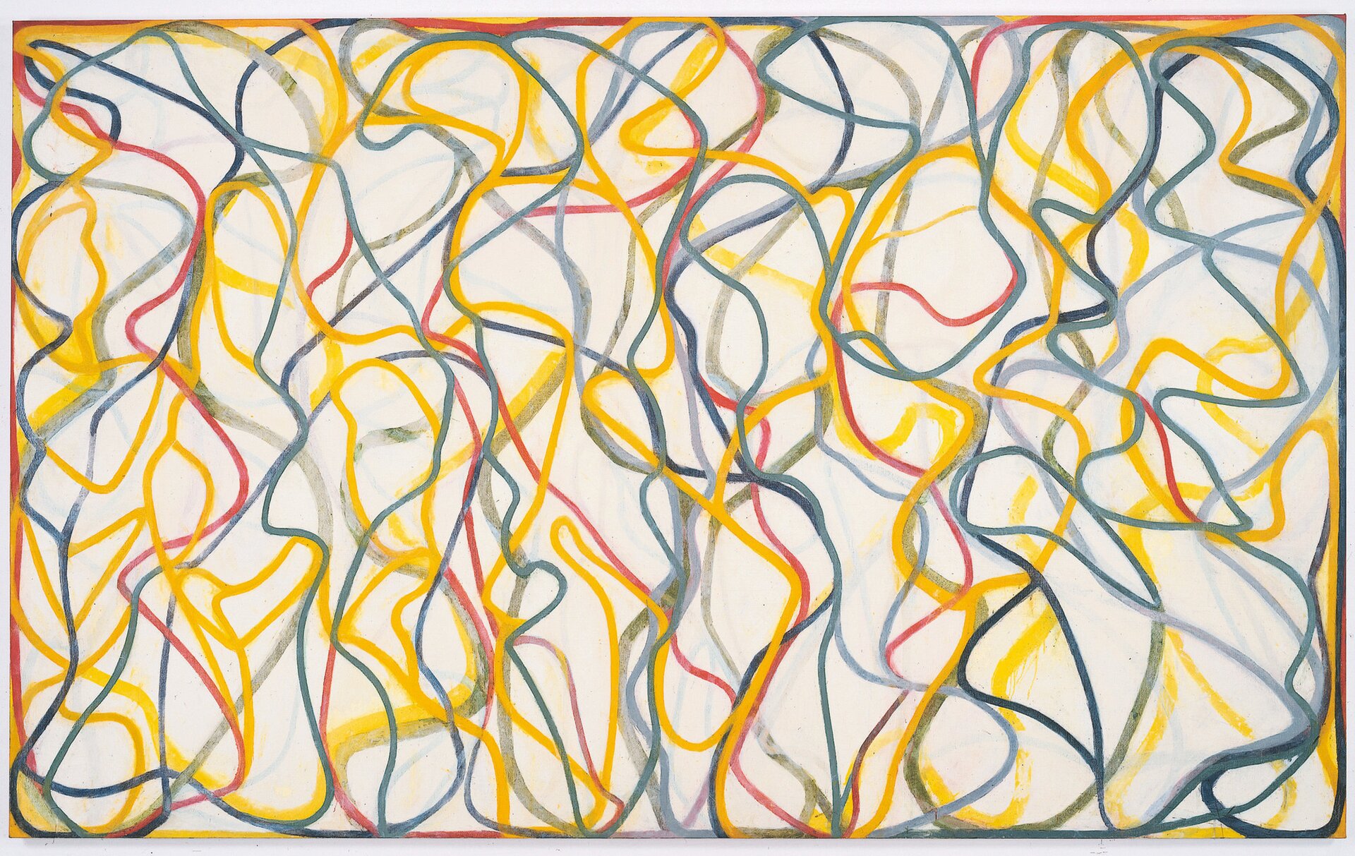 Brice Marden, „Studia dla muz (wersja Hydra)”. Dzieło, wykonane na beżowej, lnianej tkaninie, przedstawia kompozycję długich, cienkich oraz zawiłych linii w kolorze jasnoczerwonym, żółtym, pomarańczowym, szarym, jasnoniebieskim, ciemnoniebieskim oraz zielonym. Miejscami ich powierzchnie są mniej intensywne, a szerokość zmienna. Stanowią one jednocześnie obramowanie dzieła, jak i jego wypełnienie. Falując, linie łączą się i przecinają, tworząc nieregularną mozaikę. Nie wypełniają całej tkaniny, pozwalając na wyłonienie się fragmentów beżowego tła.