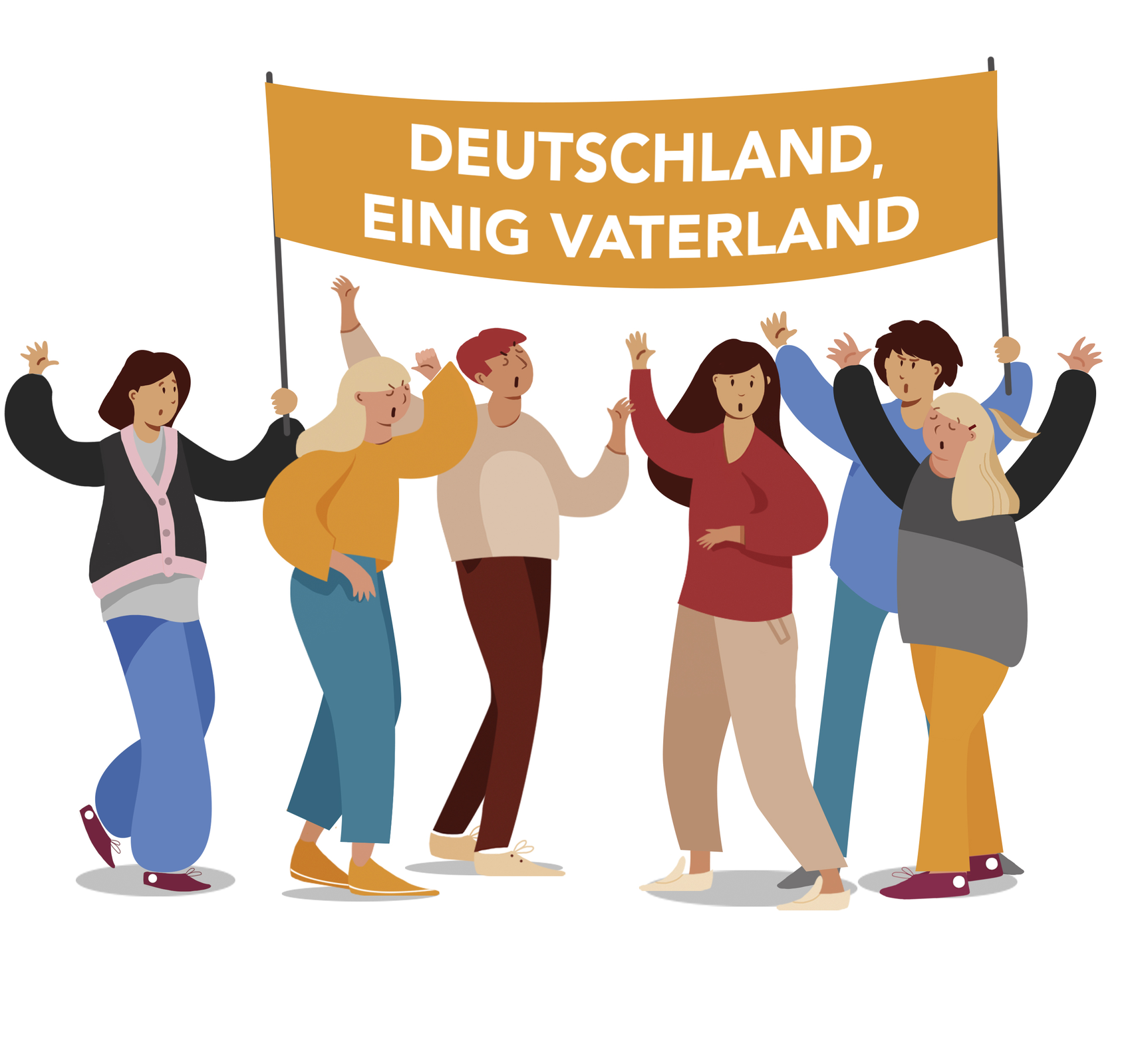 Ilustracja przedstawia niezadowolonych ludzi trzymających transparent z napisem Deutschland, einig vaterland