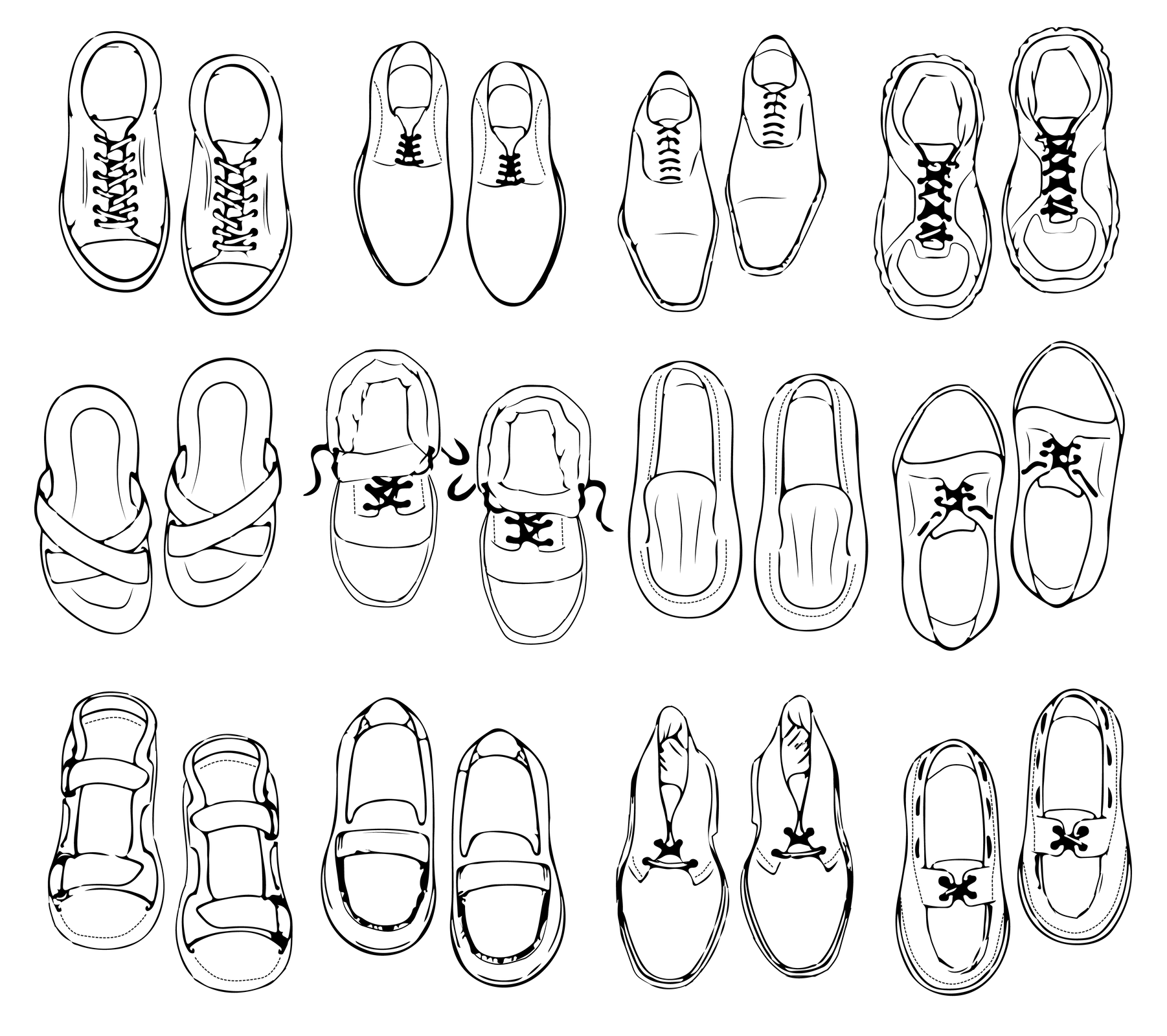 Grafika przedstawia schematyczne szkice kilkunastu par obuwia widzianych od góry. Znajdują się tam półbuty męskie, klapki, sandały.