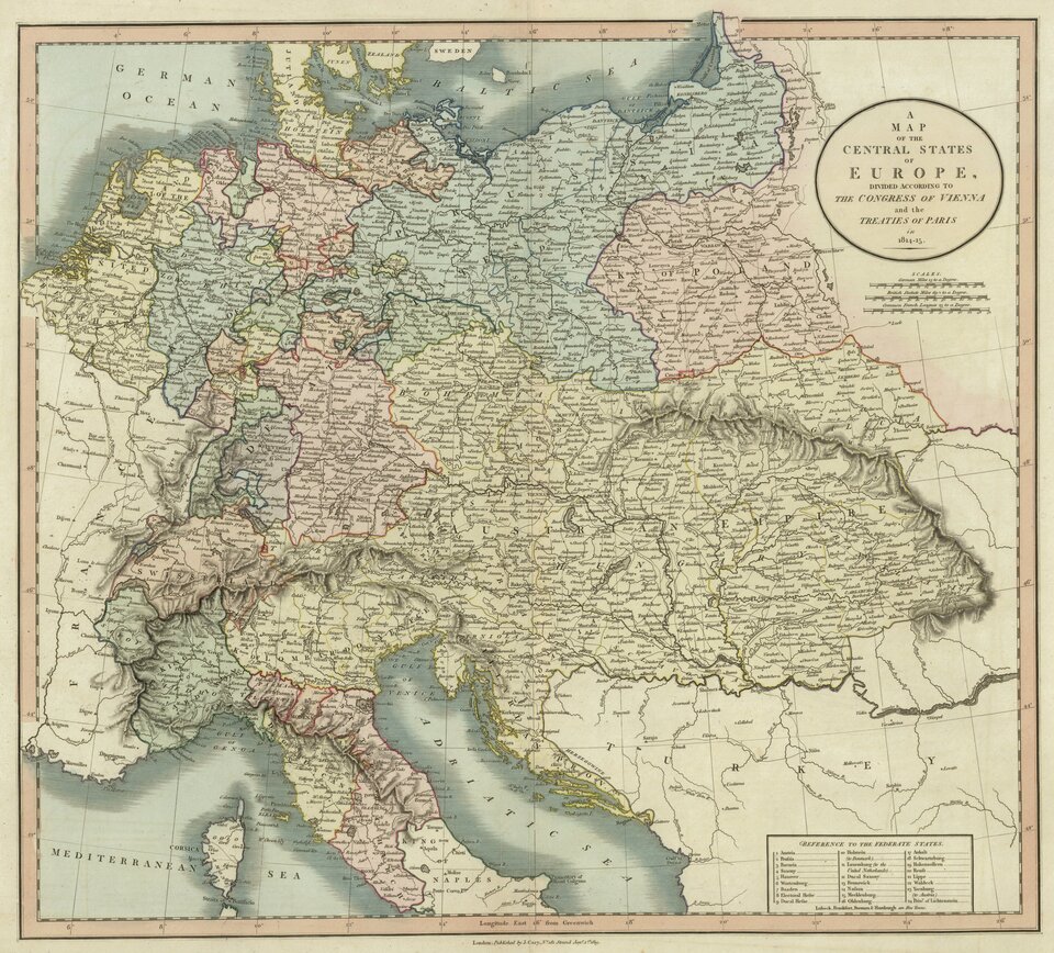 Ilustracja przedstawia mapę Europy centralnej z oznaczonymi państwami: Polska, Prusy, Cesarstwo Austrii, Szwajcaria, Francja i Turcja. Na górze mapy widać morze bałtyckie i ocean niemiecki, na południu morze śródziemne i morze adriatyckie.