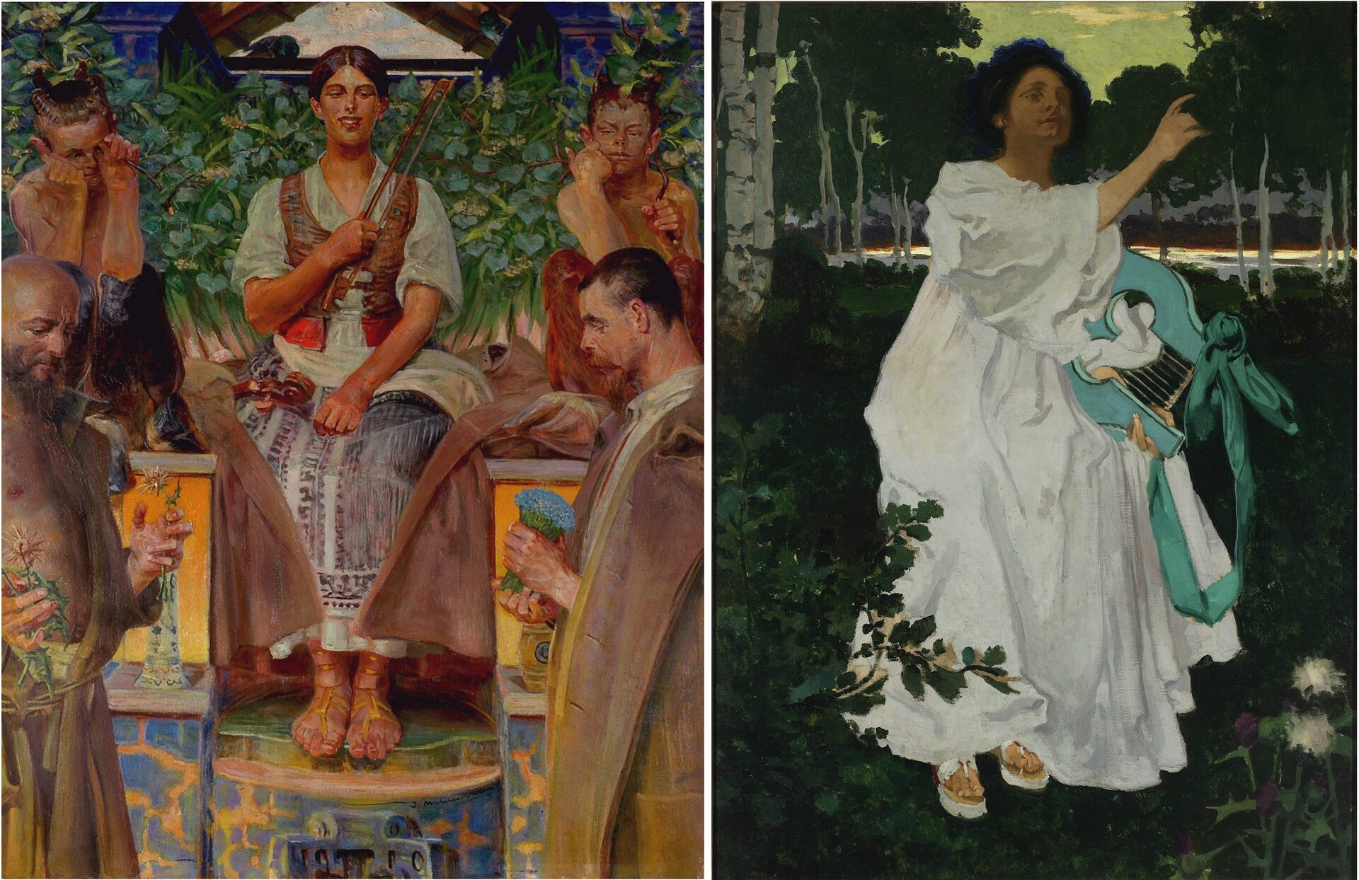 Ilustracja składa się z dwóch obrazów. Obraz po lewej przedstawia siedzącą na kolorowym tronie kobietę w jasnej sukni z ciemną kamizelką, która ma spięte, czarne włosy, zamknięte oczy i trzyma w ręku smyczek. Po lewej leżą skrzypce. Po lewej i prawej stronie kobiety siedzą dwa fauny. Po bokach stoją także dwa mężczyźni w długi szatach, trzymają kwiaty. W tle jest budynek pokryty roślinnością. Obraz po prawej przedstawia kobietę w białej sukni z niebieską lutnią. Kobieta ma długie, czarne włosy. Prawą rękę ma uniesioną. Wokół i w tle są drzewa.