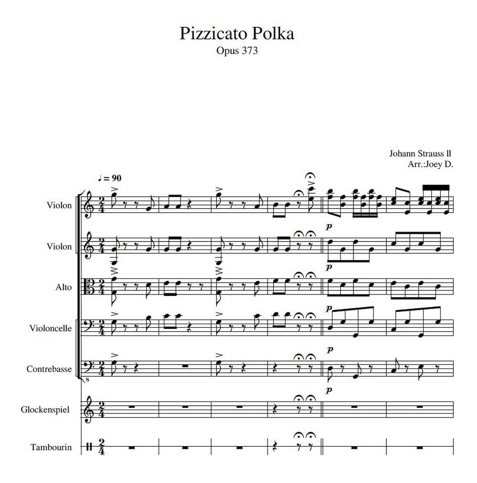 Na ilustracji zapis nutowy pierwszych sześciu taktów utworu Pizzicato Polka Johanna Straussa. Rytm wstępu to ósemka, dwie pauzy ósemkowe, trzy ósemki, pauza ćwierćnutowa, ósemka, dwie pauzy ósemkowe, trzy ósemki.