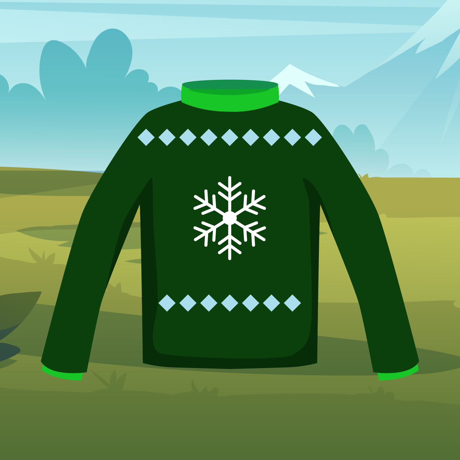 Ilustracja przedstawia zielony sweter, z wyhaftowanym płatkiem śniegu. Wokół znajduje się zielona polana. W tle widać strzeliste szczyty gór.