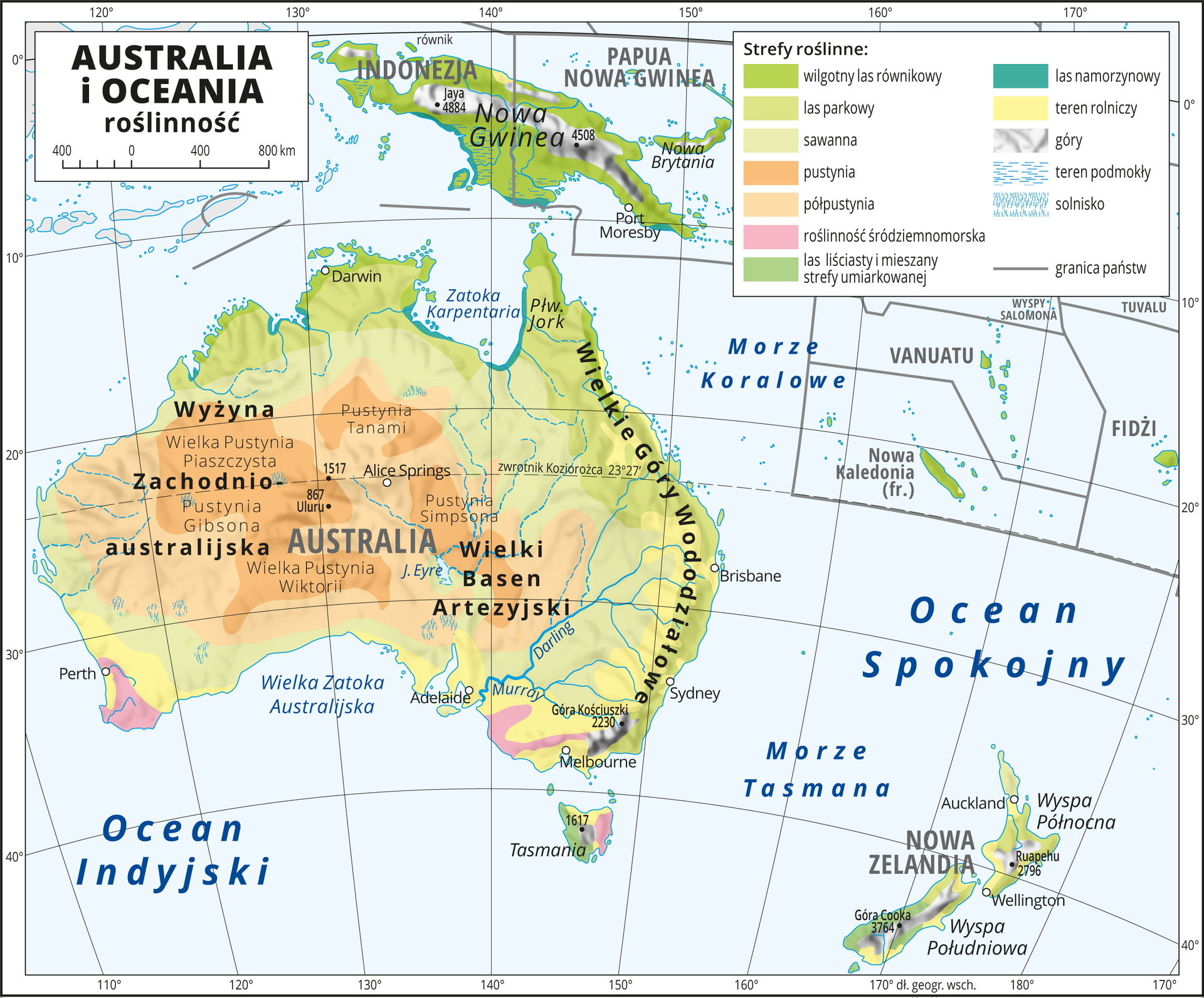 Ilustracja przedstawia mapę roślinności Australii i Oceanii. Kolorami oznaczono następujące strefy roślinne: wilgotny las równikowy, las parkowy, sawanna, pustynia, półpustynia, roślinność śródziemnomorska, las liściasty i mieszany strefy umiarkowanej, las namorzynowy. Wzdłuż równika (Nowa Gwinea) wilgotne lasy równikowe i lasy namorzynowe. W centrum i na wschodzie Australii pustynie i półpustynie. Dookoła sawanna. Na wschodnim wybrzeżu lasy parkowe i tereny rolnicze. Na najdalej wysuniętych na południe krańcach kontynentu – roślinność śródziemnomorska i tereny rolnicze. Na mapie południki i równoleżniki. Dookoła mapy w białej ramce opisano współrzędne geograficzne co dziesięć stopni. W legendzie umieszczono i opisano kolory użyte na mapie.