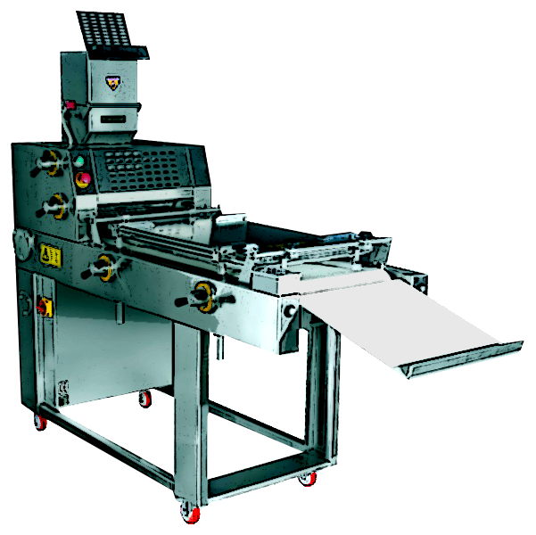 Zdjęcie przedstawia wydłużarkę taśmową. Widoczne jest urządzenie ustawione na stelażu, w tylnej części z panelem roboczym, w przedniem z długą taśmą, której końcowa część wystaje poza stelaż i lekko opada.