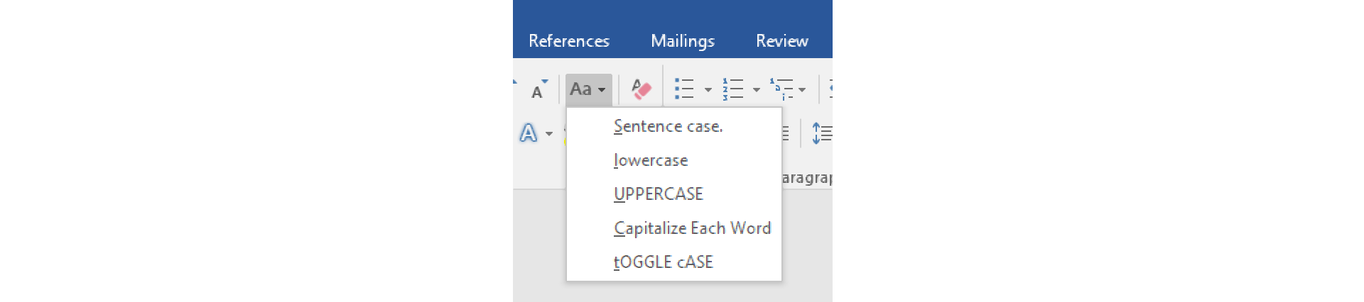 Ilustracja przedstawia zrzut fragmentu wstążki MS Word. Widoczne jest menu zmiany wielkości liter. Możliwe opcje: Sentence case., lowercase, UPPERCASE, Capitalize Each Word, toGGLE cASE.