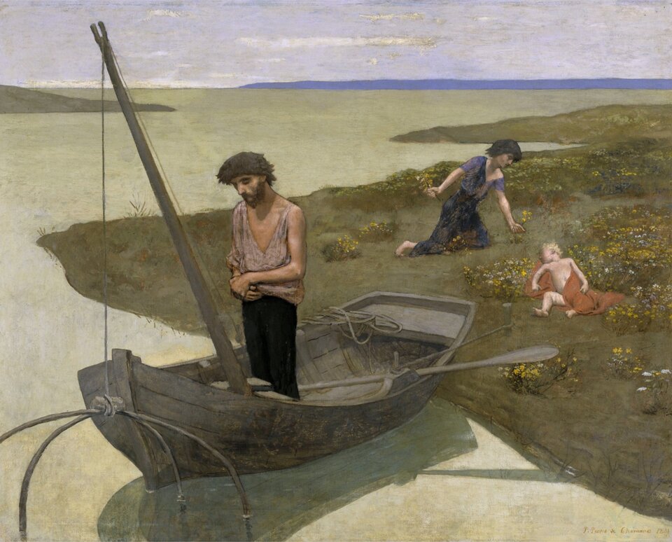 Ilustracja przedstawia obraz Pierre’a Puvisa de Chavannes’a „Biedny rybak”. Ukazuje rybaka stojącego w łodzi. Jego sieć zanurzona jest w wodzie. W wodzie odbija się łódź i wiosła. Za nim na trawie leży dziecko zawinięte w czerwony kocyk, dalej kobieta zrywa kwiaty. Tłem jest szeroka woda z lądem widocznym na linii horyzontu. W obrazie dominuje zieleń, nawet niebo ma zielonkawy odcień.