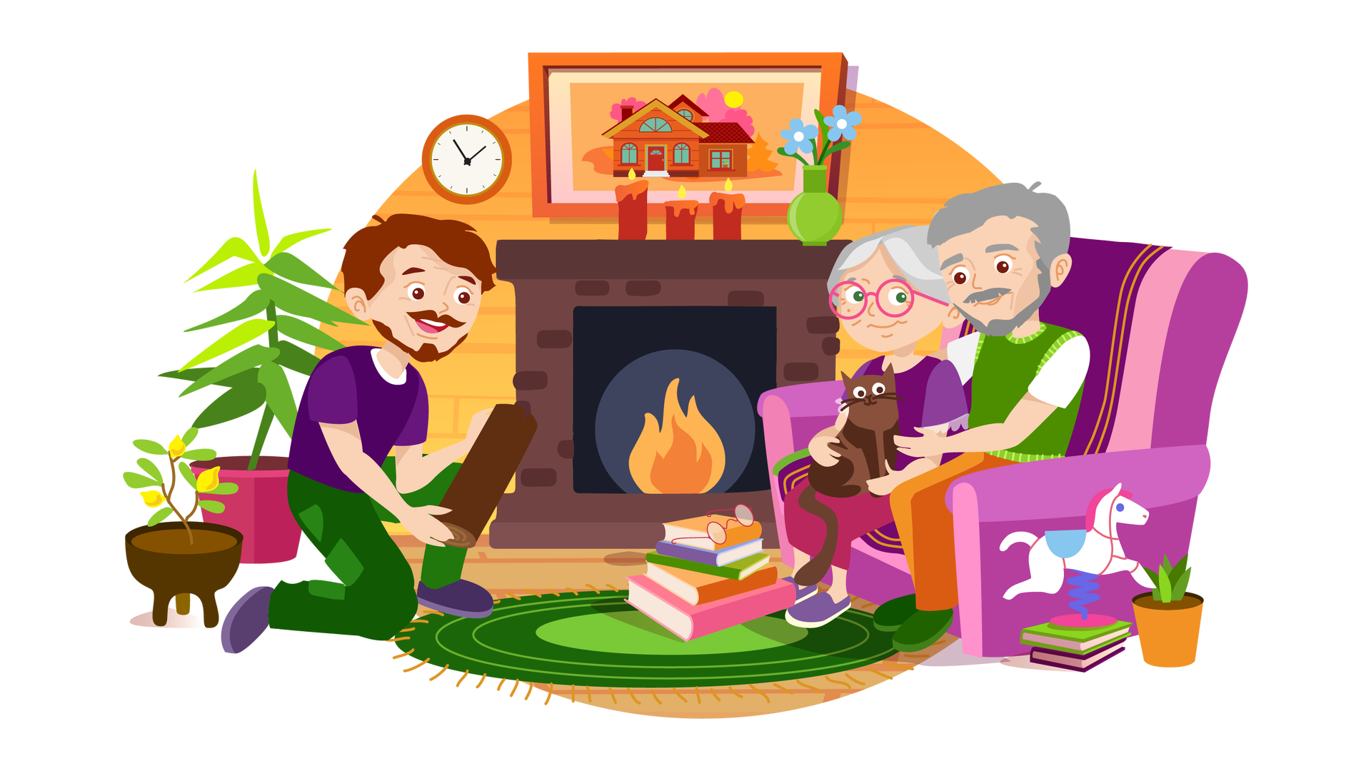 Ilustracja przedstawia pomieszczenie w domu. W tle widać bladopomarańczową ścianę z ciemnobrązowym kominkiem, w którym rozpalono ogień. Na półce, nad kominkiem, stoją trzy zapalone czerwone świece i dwa jasnoniebieskie kwiaty w jasnozielonym wazonie. Powyżej, na ścianie, wisi obrazek w brązowej ramie. Obrazek przedstawia duży dom jednorodzinny na jasnopomarańczowym tle. Za domem widać pomarańczowe i różowe drzewa oraz słońce. Na lewo od obrazka wisi okrągły brązowy zegar ze wskazówkami. Na środku pomieszczenia leży okrągły zielony dywan z pomarańczowymi frędzlami. Na dywanie jest pięć książek ułożonych jedna na drugiej. Pierwsza i czwarta książka ma pomarańczową okładkę, druga fioletowo‑niebieską, trzecia zieloną, a piąta różową. Na książkach leżą okulary w okrągłych ciemnoróżowych oprawkach. Po lewej stronie pomieszczenia, na drewnianej podłodze, stoi małe drzewko cytrynowe w ciemnobrązowej donicy i duża zielona roślina w ciemnoróżowej donicy. Na prawo od roślin kuca tata Franka i Mai. Jest ubrany w ciemnofioletową koszulkę z krótkimi rękawami, długie ciemnozielone spodnie i ciemnofioletowe buty. W rękach trzyma kawałek drewna, który dorzuca do kominka. Po prawej stronie pomieszczenia stoi fioletowa kanapa z ciemnofioletową narzutą. Na kanapie siedzą babcia i dziadek Franka i Mai. Babcia jest ubrana w ciemnofioletową bluzkę z krótkimi fioletowymi rękawami zakończonymi przezroczystymi falbankami, długą ciemnoróżową spódnicę i fioletowe buty z białymi podeszwami. Na nosie ma okulary w okrągłych ciemnoróżowych oprawkach. Na kolanach babci siedzi ciemnobrązowy kot. Dziadek jest ubrany w białą koszulkę z krótkimi rękawami, zieloną kamizelkę, długie pomarańczowe spodnie i ciemnozielone buty. Prawą ręką obejmuje babcię, a lewą rękę wyciąga w kierunku kota. Na prawo od kanapy, na podłodze, są dwie książki ułożone jedna na drugiej. Pierwsza ma zieloną okładkę, a druga ciemnofioletową. Na książkach ustawiono białego konia na sprężynie. Ma on różową grzywę i jasnoniebieskie siodło. Obok książek stoi niewielka zielona roślina w jasnopomarańczowej donicy.