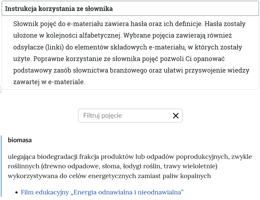 Grafika przedstawia przykładowy widok otwartej zakładki instrukcji korzystania ze słownika. Pod nazwą zakładki znajduje się prostokątny panel filtruj pojęcie i znak iks.