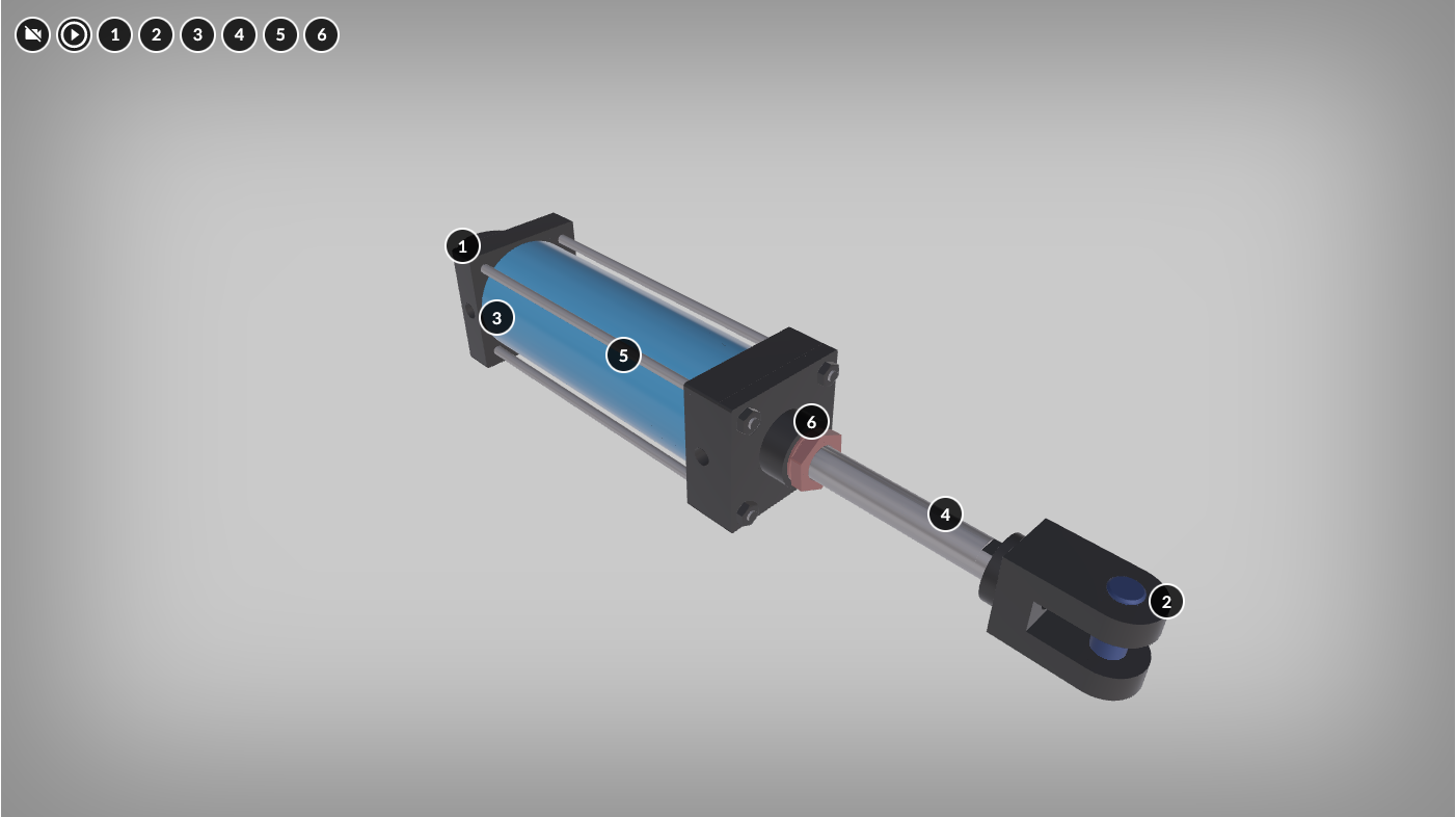Grafika przedstawia przykładowy widok wizualizacji 3D. Na modelu widoczne są znaczniki z numerami. W lewym górnym rogu widoczne są te same znaczniki położone obok siebie. Przez znacznikami z cyframi znajdują się dwie ikonki. Pierwsza to kółko z białym obramowaniem i czarnym wypełnieniem. W środku widoczny jest symbol przekreślonej kamery. Kolejny przedstawia ikonę odtwarzania filmu. Ikona składa się z trójkąta wpisanego w okrąg. Wierzchołek trójkąta wskazuje w prawo.