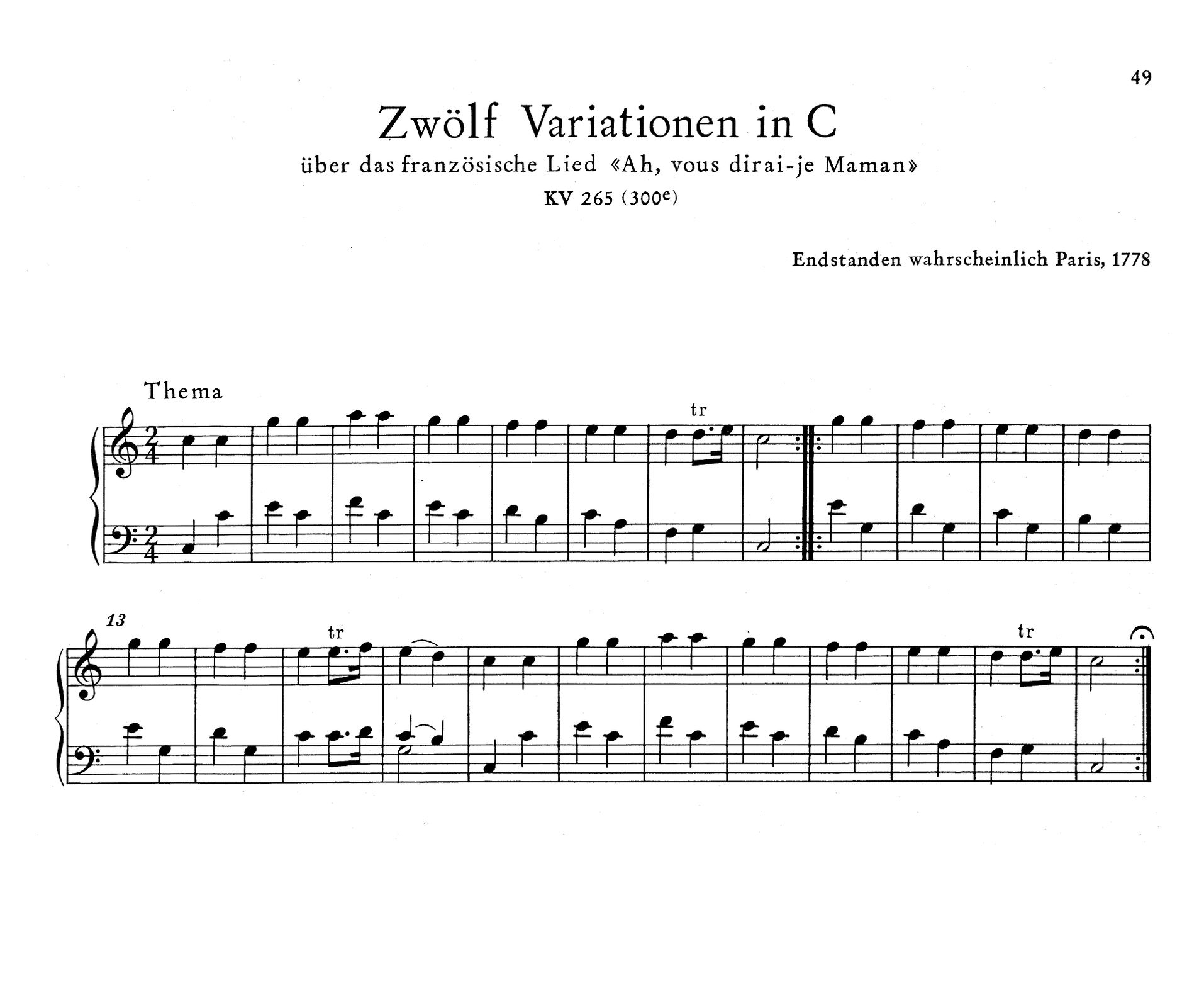 Na ilustracji zapis nutowy tematu utworu Wolfganga Amadeusza Mozarta pod tytułem „Ah vous dirai‑je Maman”. Zapis składa się z dwudziestu czterech taktów w metrum dwie czwarte. Dźwięki melodii to c c g g a a g g f f e e d d e c (ten fragment się powtarza) i dalej: g g f f e e d d g g f f e e f e d c c g g a a g g f f e e d d e c. Melodia jest prosta, składająca się z prawie samych ćwierćnut.