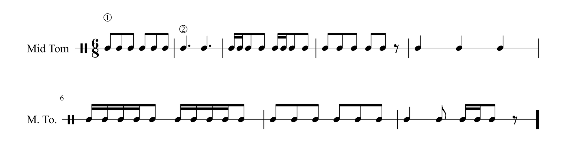 Zapis nutowy kanonu rytmicznego dwugłosowego. W zapisie jeden głos. Oznaczono miejsce w którym mają wejść głosy pierwszy i drugi. Rytm jest następujący: Metrum sześć ósmych. W pierwszym takcie: sześć ósemek. W drugim takcie: dwie ćwierćnuty z kropką. W trzecim takcie: dwa ugrupowania: dwie szesnastki i dwie ósemki. W czwartym takcie: sześć ósemek. W piątym takcie trzy ćwierćnuty. W szóstym takcie: dwa ugrupowania: cztery szesnastki i ósemka. W siódmym takcie sześć ósemek. W ósmym takcie ćwierćnuta, ósemka, dwie szesnastki, ósemka, pauza ósemkowa.