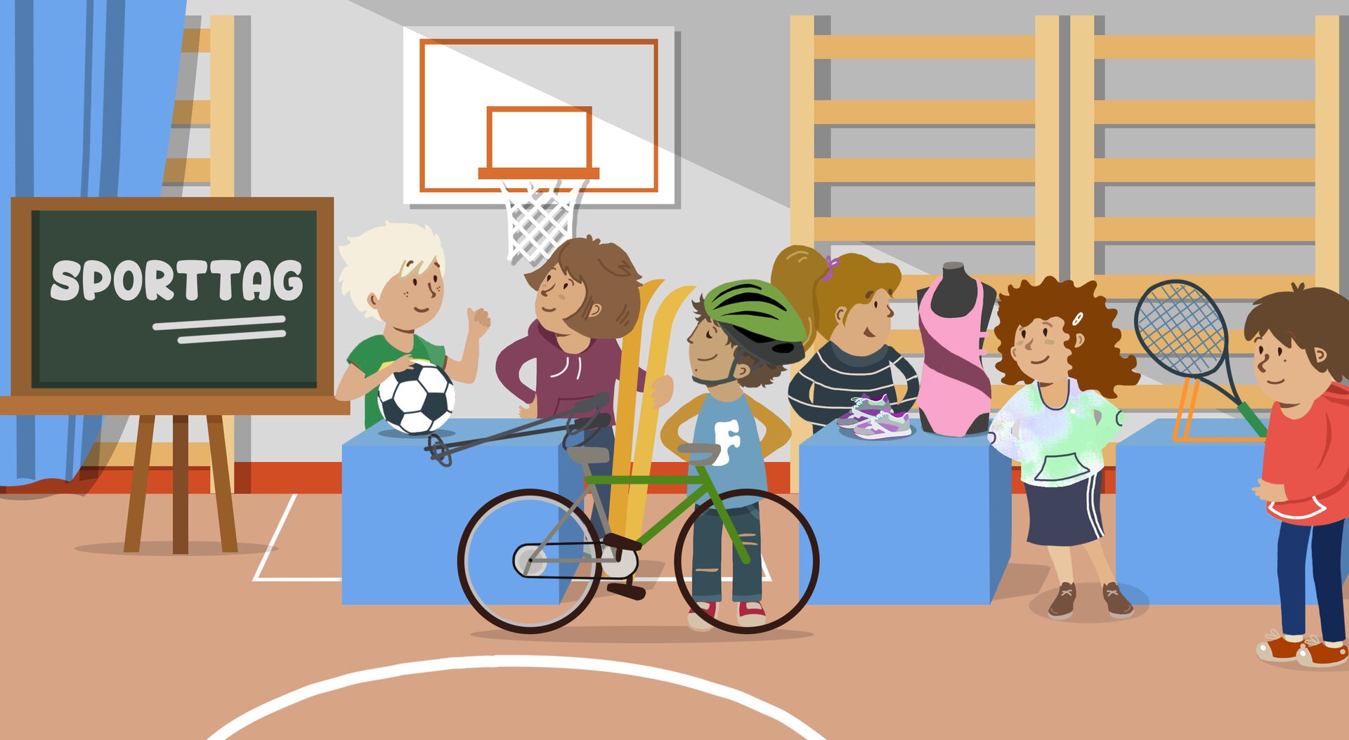 Ilustracja przedstawia salę gimnastyczną. Na tablicy widnieje napis Sporttag, oznaczający Dzień Sportu. Wokół stołów stoją uczniowie. Pośród nich widoczne są różne sprzęty sportowe, takie jak rower, piłka, rakieta tenisowa, a także odzież sportowa.
