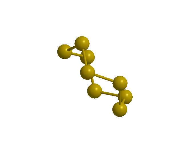 Ilustracja przedstawiająca obracający się model kulkowo-pręcikowy cząsteczki siarki S8. Tworzy ona ośmiokątną strukturę trójwymiarową tak, że co drugi atom znajduje się wyżej i co drugi niżej, to jest po cztery atomy znajdują się w tej samej płaszczyźnie. Atomy siarki symbolizują żółte kulki.