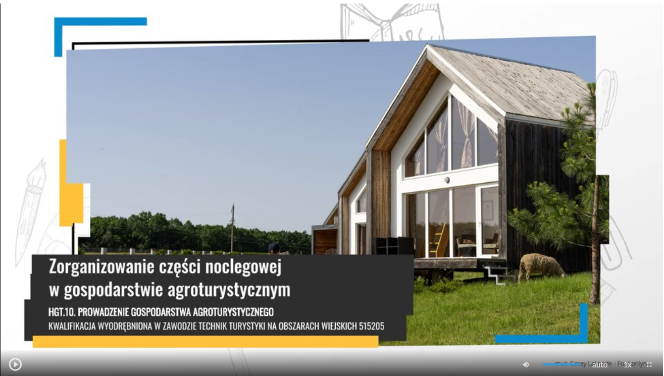 Widok ekranu animacji 3D - widoczny jest dom stojący na zielonej trawie oraz tytuł animacji: ,,Zorganizowanie części noclegowej w gospodarstwie agroturystycznym''