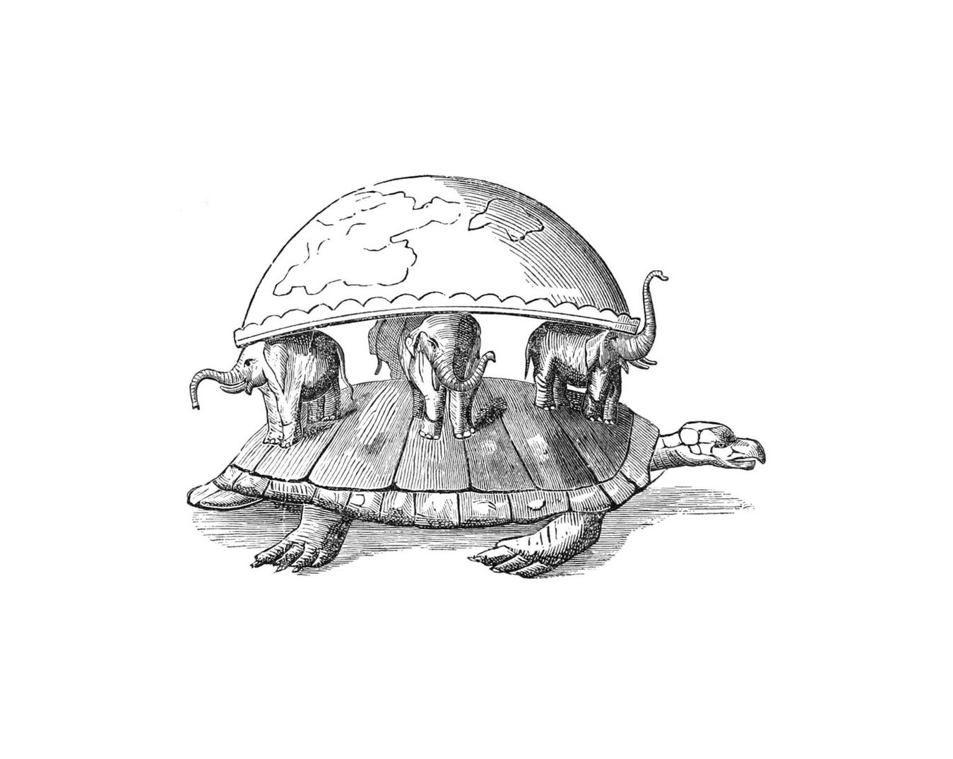Ilustracja przedstawiająca żółwia, na jego skorupie stoją słonie i podtrzymują Ziemię. Ziemia w kształcie połowy kuli.