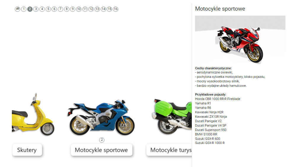 Zrzut po kliknięciu znacznika w wyborze typu motocykla. Po prawej pojawia się powiększenie klikniętego typu motocykla wraz z jego opisem.