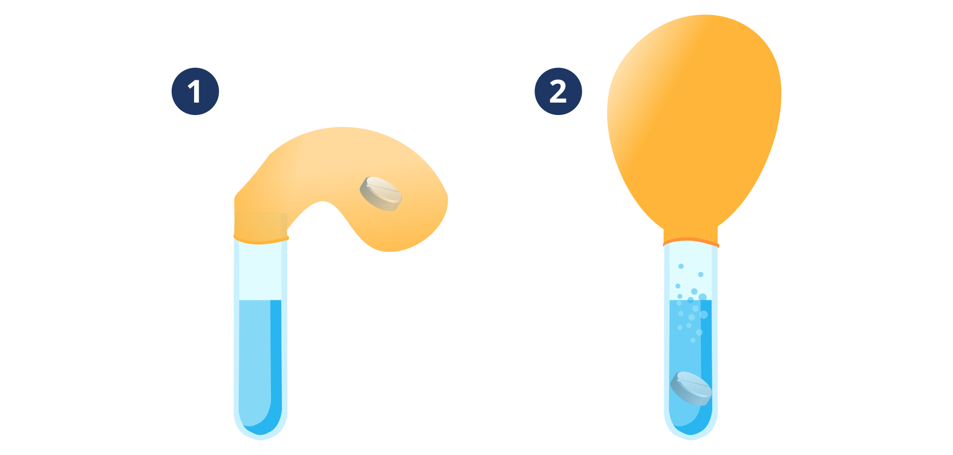 Ilustracja przedstawia przebieg doświadczenia. W pierwszej części widać probówkę z wodą, na której wylot naciągnięty jest balonik. Wewnątrz balonika jest musująca tabletka. W drugiej części tabletka musująca jest już w wodzie, a balonik jest delikatnie napompowany. Widoczne pęcherzyki gazu unoszące się od tabletki ku górze.