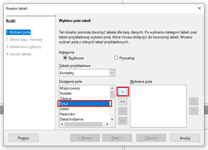 Ilustracja przedstawia otwarte okno programu zatytułowane Kreator Tabeli. Po lewej stronie w kategorii Kroki wybrano opcję Wybierz Pole. Po prawej stronie W części wybierz pola tabeli w kategoriach wybrano opcję Służbowe, tabele przykładowe wybrano opcję kontakty. Następnie w części Dostępne pola wybrano opcję Tytuł. 