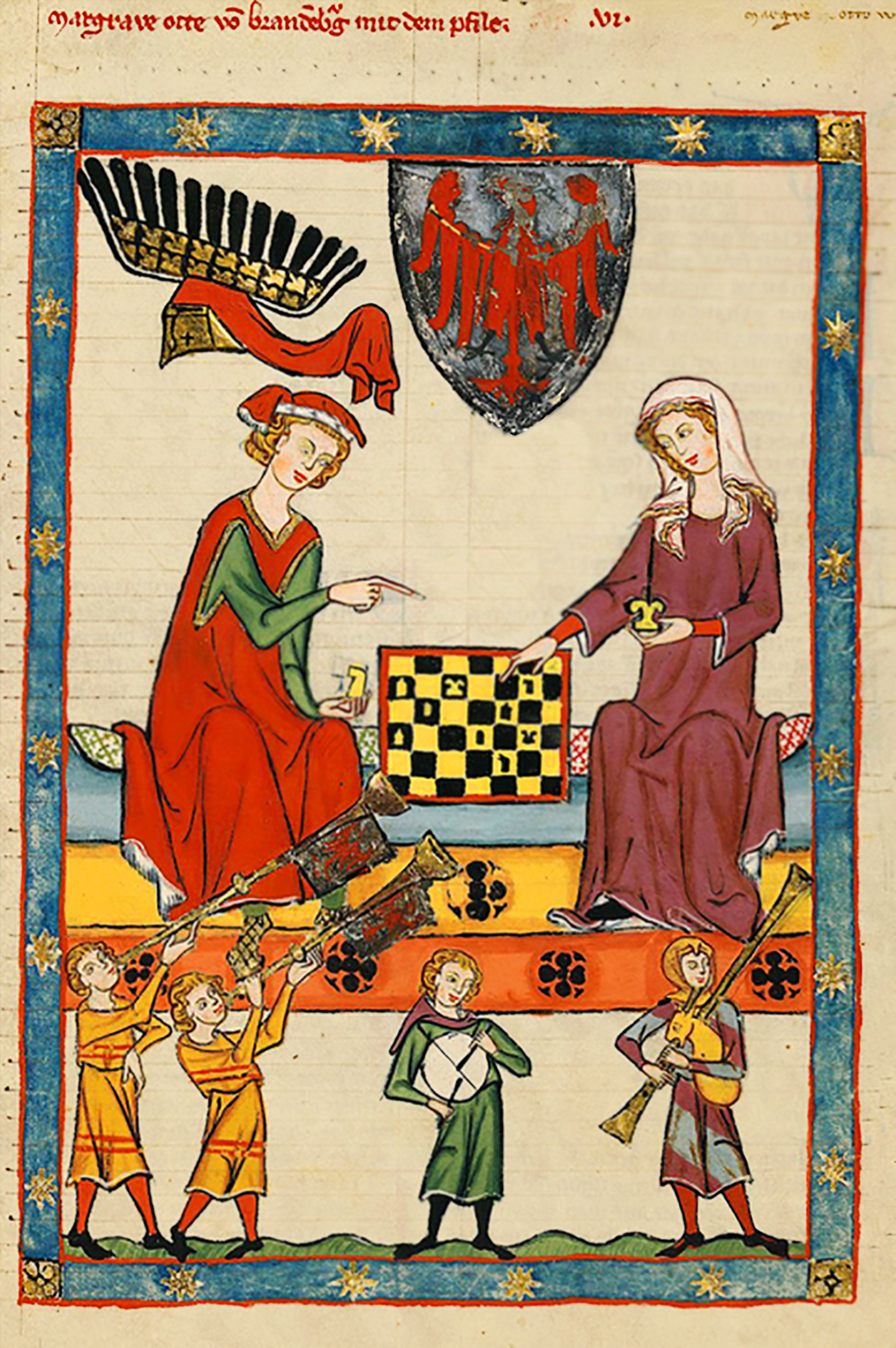 Rycerz i dama grający w szachy Rycerz i dama grający w szachy Źródło: Kodeks Manesse, około 1320 roku, miniatura, domena publiczna.