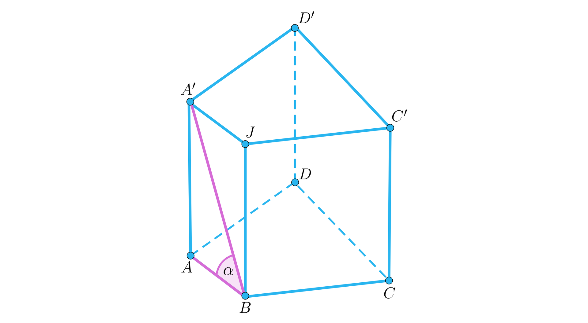 Ilustracja przedstawia graniastosłup o podstawie trapezu A B C D A’ C’ D’ J. Zaznaczono krawędź podstawy AB oraz przekątną ściany bocznej A’ B. Kąt między krawędziami wynosi alfa.