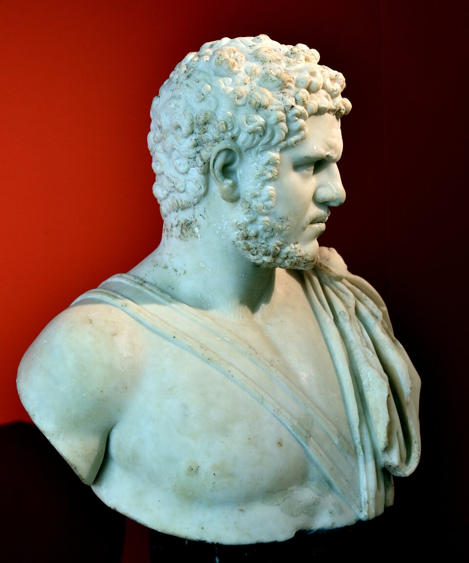 Fotografia przedstawia popiersie mężczyzny w półprofilu w średnim wieku o średniej długości kręconych włosach i zaroście. Ma on szeroko otwarte oczy i  wyraziste usta. Na jego twarzy obecne są zmarszczki mimiczne. Mężczyzna ma lekko przekręconą głowę (z perspektywy widza w lewa stronę). Przez lewe ramię ma przerzucony płaszcz, a przez prawe na skos przechodzi szeroki pas. Tłlo jest czerwono‑czarne. 