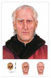 Ilustracja przedstawia twarz mężczyzny z komputerowymi stadiami jej powstawania. To pociągła twarz starszego mężczyzny o siwych, krótkich włosach. Pod portretem są trzy stadia twarzy - czaszka, która stopniowo jest pokryta skórą aż do końcowego efektu.     