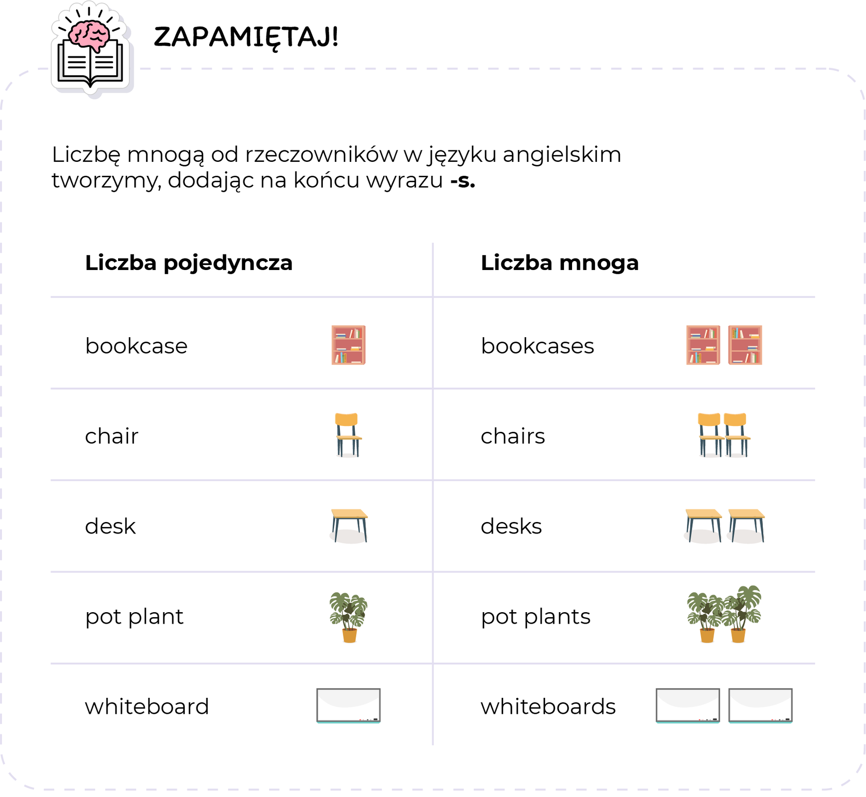 Ilustracja przedstawia tabelę z przykładami liczby pojedynczej i mnogiej w języku angielskim. W lewym górnym rogu znajduje się ikona książki i mózgu. Obok ikony znajduje się napis Zapamiętaj.  W nagłówku znajduje się tekst w języku polskim: Liczbę mnogą od rzeczowników w języku angielskim, tworzymy dodając na końcu wyrazu -s. Tabela składa się z dwóch kolumn i sześciu wierszy. Pierwsza kolumna podpisana jest jako liczba pojedyncza. Druga kolumna podpisana jest jako liczba mnoga. W kolejnych wierszach znajduje się słowo w języku angielskim oraz niewielka ilustracja. 
W wierszu drugim, w kolumnie z liczbą pojedynczą jest to: bookcase. Ilustracja przedstawia regał na książki. W drugiej kolumnie z liczbą mnogą jest to: bookcases. Ilustracja przedstawia dwa regały na książki.
W wierszu trzecim, w kolumnie z liczbą pojedynczą jest to: chair. Ilustracja przedstawia krzesło. W drugiej kolumnie z liczbą mnogą jest to: chairs. Ilustracja przedstawia dwa krzesła.
W wierszu czwartym, w kolumnie z liczbą pojedynczą jest to: desk. Ilustracja przedstawia biurko. W drugiej kolumnie z liczbą mnogą jest to: desks. Ilustracja przedstawia dwa biurka.
W wierszu piątym, w kolumnie z liczbą pojedynczą jest to: pot plant. Ilustracja przedstawia kwiatek w doniczce. W drugiej kolumnie z liczbą mnogą jest to: pot plants. Ilustracja przedstawia dwie doniczki z kwiatami. W wierszu szóstym, w kolumnie z liczbą pojedynczą jest to: whiteboard. Ilustracja przedstawia białą tablicę szkolną. W drugiej kolumnie z liczbą mnogą jest to: whiteboards. Ilustracja przedstawia dwie białe tablice szkolne.