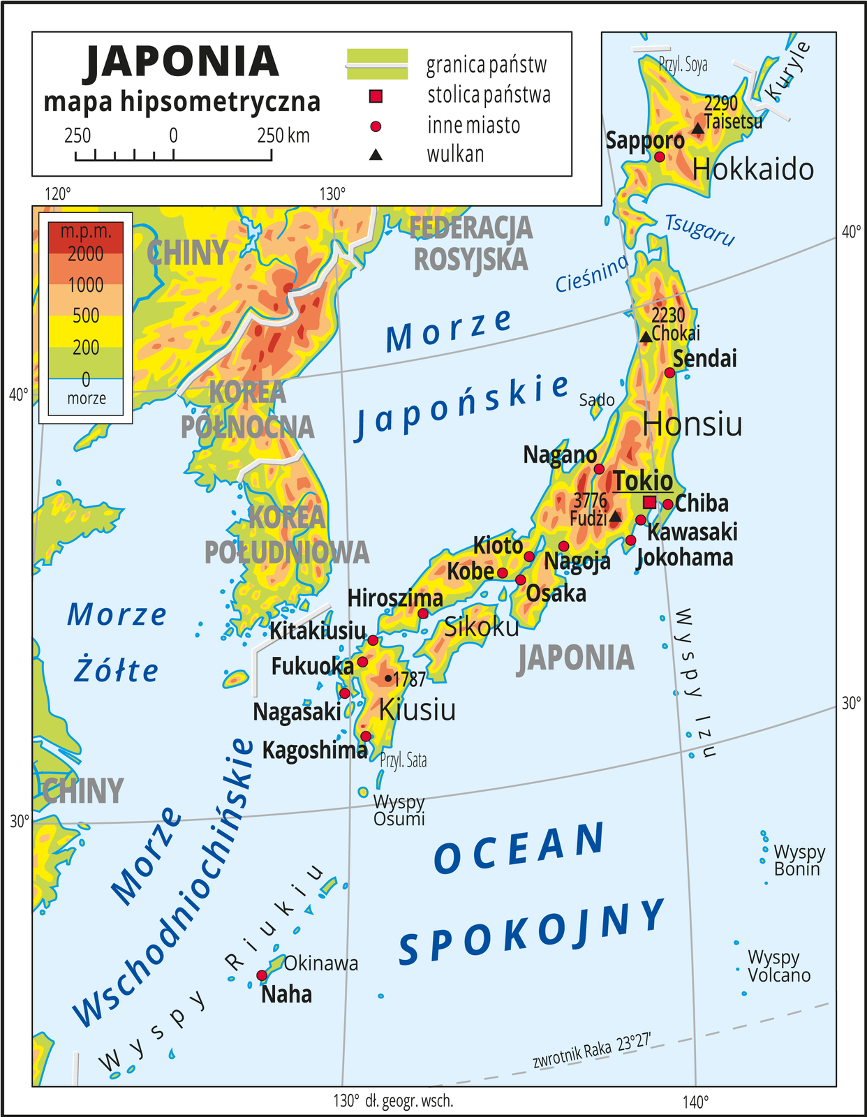 Ilustracja przedstawia mapę hipsometryczną Japonii. W obrębie lądów występują obszary w kolorze zielonym, żółtym, pomarańczowym i czerwonym. Przeważają obszary wyżynne. Zaznaczono granice państw i opisano ich nazwy. Morza zaznaczono kolorem niebieskim i opisano. Oznaczono i opisano stolice i główne miasta. Trójkątami oznaczono wulkany i podano ich wysokości. Mapa pokryta jest równoleżnikami i południkami. Dookoła mapy w białej ramce opisano współrzędne geograficzne co dziesięć stopni. W legendzie umieszczono i opisano znaki użyte na mapie.