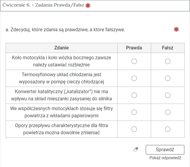 Przykładowy widok ćwiczenia prawda/fałsz w interaktywnych materiałach sprawdzających.