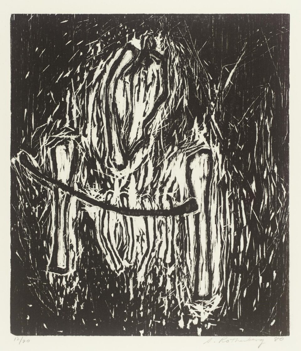 Praca autorstwa Susan Rothenberg pod tytułem „Głowa i kości” przedstawia abstrakcyjną wizję tych części ciała. W centrum grafiki znajduje się coś, co kształtem może przypominać palącą się zwierzęcą głowę oraz kości, które znajdują się pod głową. 