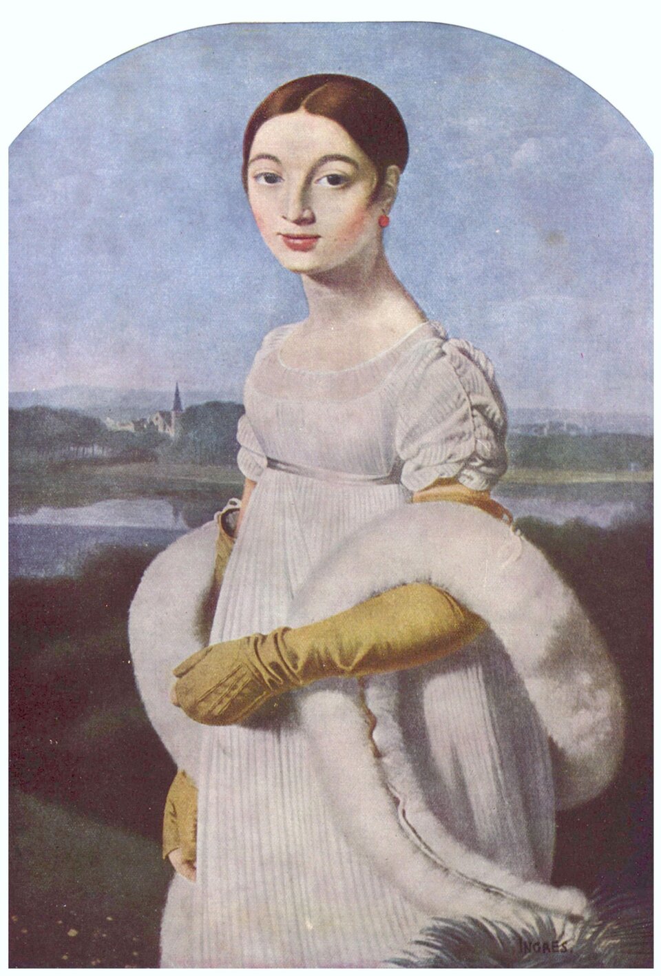 Auguste Ingres, „Portret panny Rivière”. Młoda dziewczyna z brązowymi. zaczesanymi do tyłu włosami w pozycji stojącej ze zwróconą twarzą do widza. Widoczna jest na tle pejzażu Basenu Paryskiego. Panna Rivière jest drobna, ubrana w białą suknię, na rękach ma żółte. długie do łokcia rękawiczki. Ma także przewieszone przez ręce boa z białego futra.