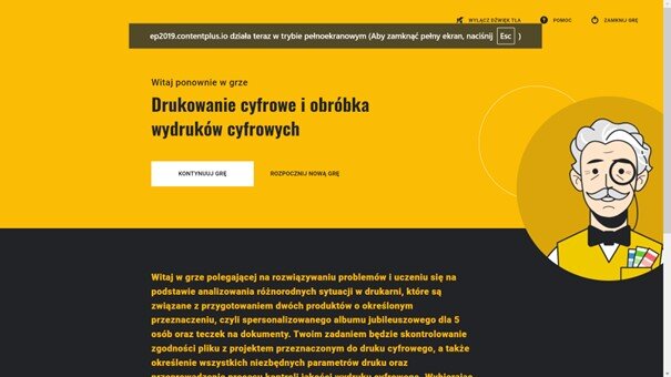 Grafika przedstawia widok początku interaktywnego narzędzia typu scenario‑based learning zatytułowanej Drukowanie cyfrowe i obróbka wydruków cyfrowych. Na grafice widać tytuł, opisu interaktywnego narzędzia typu scenario‑based learningj oraz element dekoracyjny w formie grafiki przedstawiającej popiersie profesora.