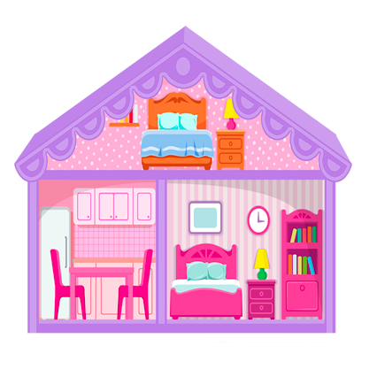 Ilustracja przedstawia pudełko z domkiem dla lalek. Domek składa się z kuchni i dwóch sypialni.