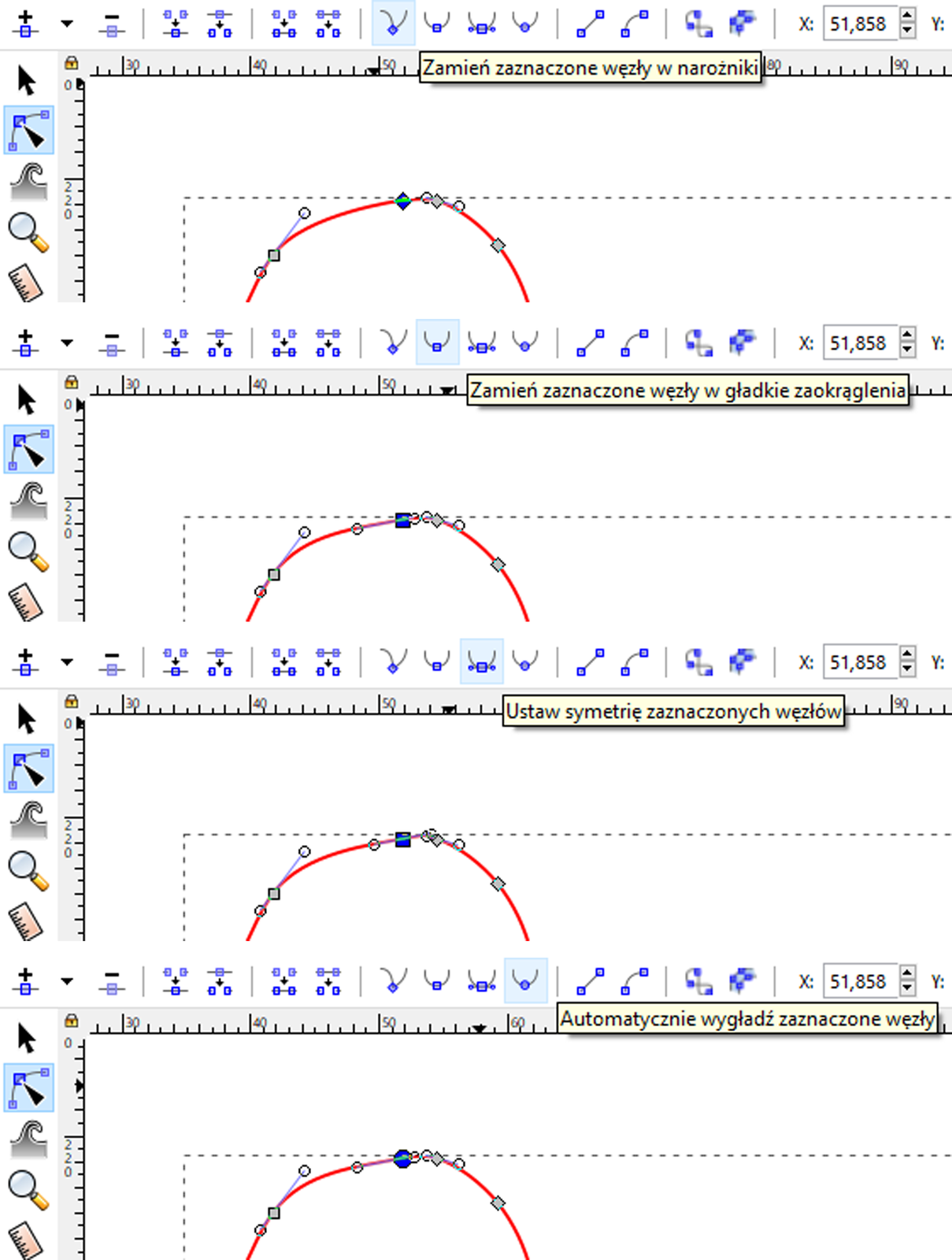 Ilustracja składa się z czterech  grafik przedstawiającej zbliżenie na jeden z łuków krzywej. Na pierwszej grafice punkt znajdujący się na krawędzi krzywej ma kształt rombu. Węzły w tym przypadku zostały zmienione w narożniki. Na kolejnej grafice punkt ten ma kształt kwadratu, a wokół niego pojawiają się dwa dodatkowe węzły, węzeł ten został zamieniony w gładkie zaokrąglenie. Na trzeciej grafice ustawiona zostaje symetria zaznaczonych węzłów. W tym przypadku węzły znajdujące się po obu stronach węzła o kształcie kwadratu zostały rozstawione symetrycznie po jego obu stronach. Na ostatniej grafice znajduje się węzeł, który ma kształt koła, takie oznaczenie należy do automatycznego wygładzania zaznaczonych węzłów.