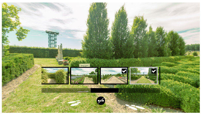 Plansza z piktogramem stóp. Przedstawia zdjęcie fragmentu parku z niskimi żywopłotami po obu stronach ścieżki żwirowej. Za nimi rosną wysokie drzewa, widać też platformę widokową w oddali. Na pierwszym planie umieszczone są cztery miniaturki zdjęć. Trzy z nich mają czarną ramkę, ostatnia – szarą. Pod miniaturkami znajduje się szary pasek, który częściowo jest czarny po środku. Pod nim widać czarne kółko z trzema białymi kwadracikami przekreślonymi białą linią oraz białe ślady stóp.