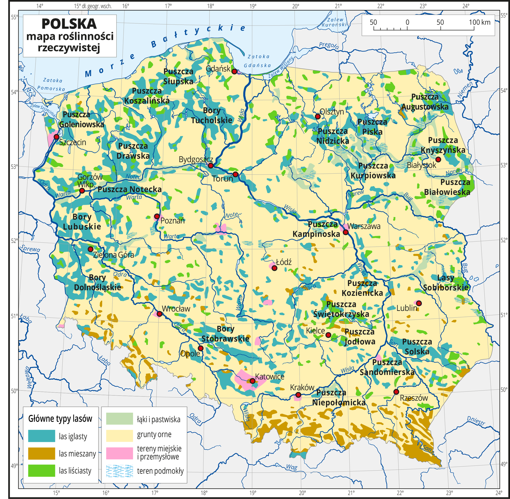 Ilustracja przedstawia mapę Polski . Na mapie kolorami zaznaczono trzy główne typy lasów, łąki i pastwiska, grunty orne, tereny miejskie i przemysłowe oraz tereny podmokłe. Większą część Polski zajmują grunty orne oznaczone kolorem żółtym. W dolinach rzek i na pojezierzach występują lasy iglaste, gdzieniegdzie lasy liściaste. Na terenach górskich występują lasy mieszane. W rejonie dużych miast oznaczono tereny miejskie i przemysłowe. Najwięcej łąk i pastwisk występuje w północno‑wschodniej części Polski. Czerwonymi kropkami zaznaczono miasta wojewódzkie. Opisano główne rzeki i morze. Mapa pokryta jest siatką równoleżników i południków. Dookoła mapy jest biała ramka, w której opisane są współrzędne geograficzne co jeden stopień. Po lewej stronie mapy w legendzie umieszczono siedem kolorowych prostokątów, które opisano. Wydzielono trzy rodzaje lasów: iglasty, mieszany i liściasty oraz łąki i pastwiska, grunty orne, tereny miejskie i przemysłowe oraz tereny podmokłe.