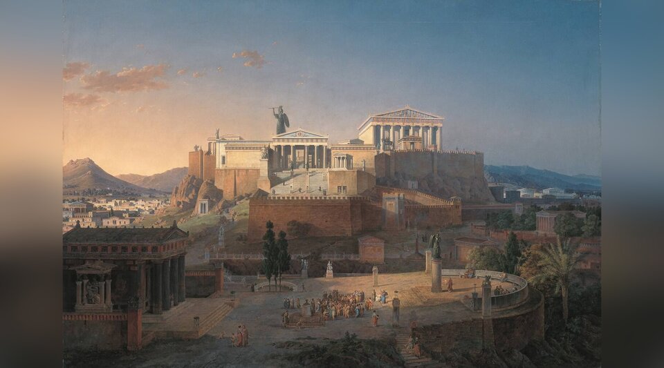 Obraz przedstawia wzgórze ze starożytną zabudową. Znajduje się tu Partenon, ogromny posąg Ateny z włócznią, duży plac i inne budowle.