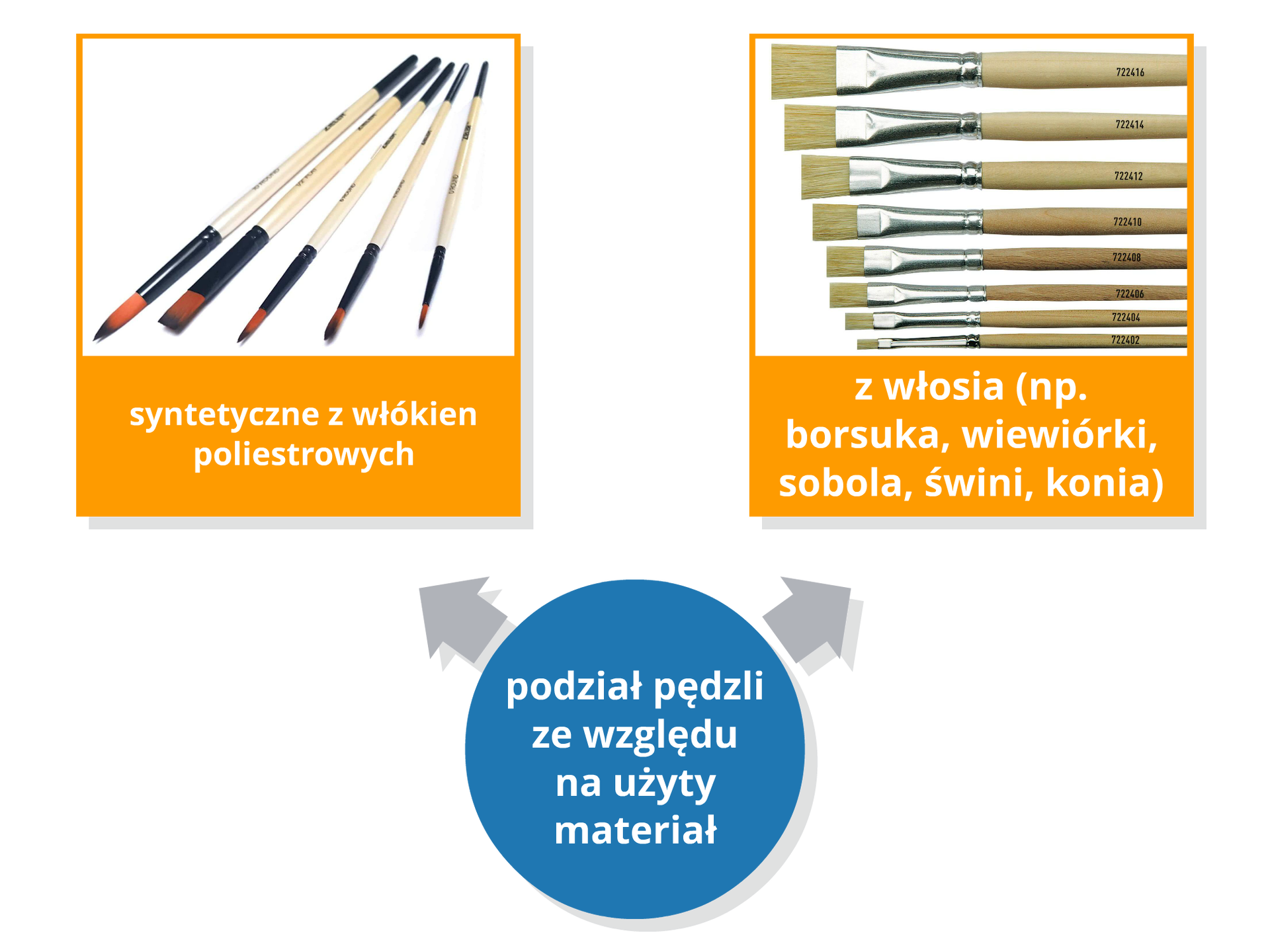 Ilustracja przedstawia schemat składający się z trzech figur – okręgu, z którego wychodzą dwie strzałki do dwóch prostokątów. W okręgu widoczny jest napis: Podział pędzli ze względu na użyty materiał. W prostokącie z lewej strony znajduje się napis: Syntetyczne z włókien poliestrowych. Na fotografii przedstawiono pięć pędzli, różnej grubości. Trzon pędzla jest drewniany z czarnymi elementami. W prostokącie z prawej strony widnieje napis: Z włosia (np. borsuka, wiewiórki, sobola, świni, konia). Ukazana jest fotografia z ośmioma pędzlami, które są ułożone od najmniejszego do największego. Pędzle są drewniane. 