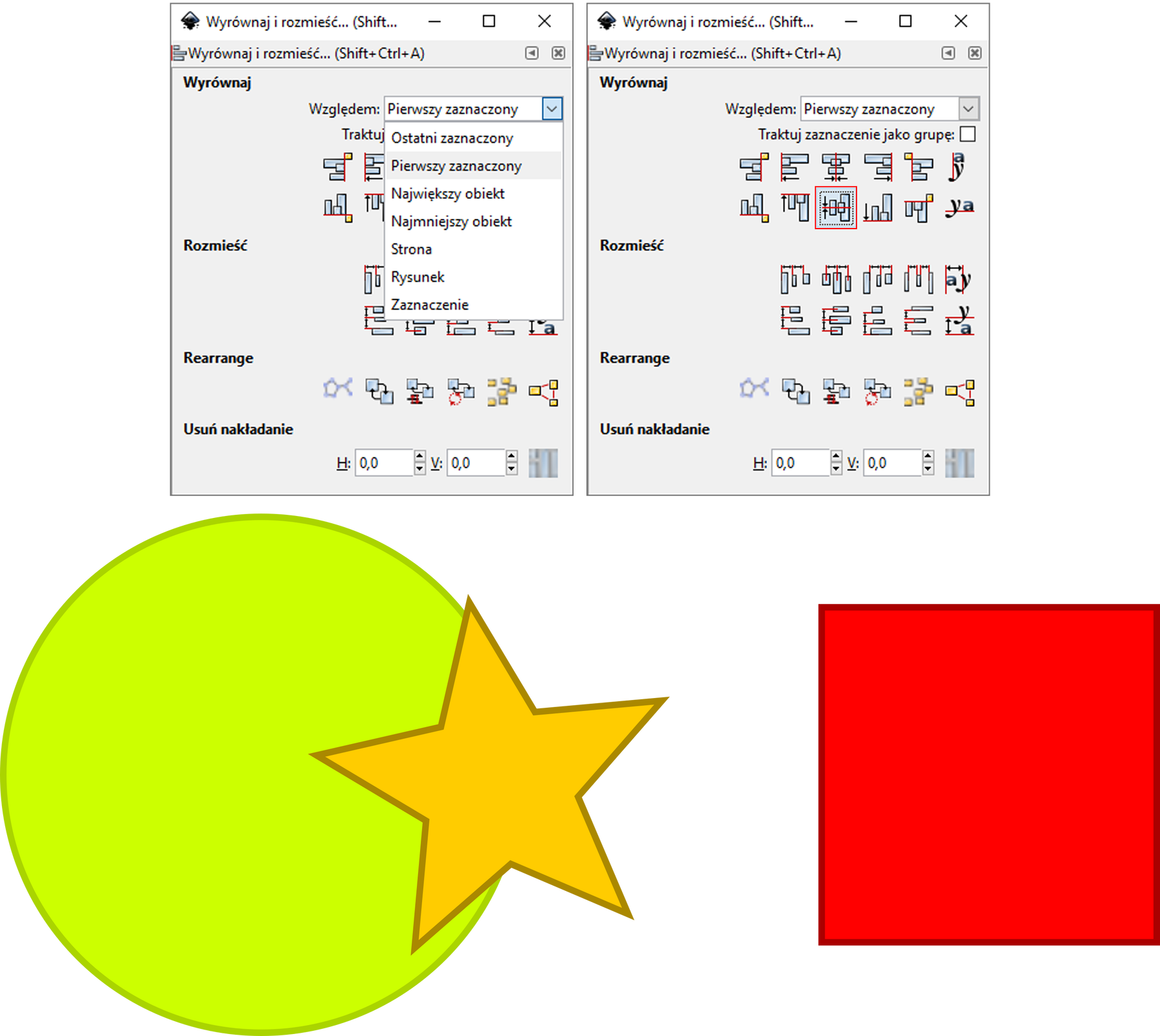 Zrzut ekranu przedstawia dwa okna dialogowe: Wyrównaj i rozmieść...  W sekcji wyrównaj przy polu : Względem, z listy rozwijanej wybrano: Pierwszy zaznaczony.  W drugim oknie zaznaczona jest ta sama opcja, poniżej wybrana została opcja wyrównywania trzecia z drugiego rzędu.  Pod tymi oknami znajduje się obrazek przedstawiający wyrównane figury.   Gwiazda przylegająca środkiem do granicy koła, a środki wszystkich figur: koła, gwiazdy, kwadratu, są na tej samej wysokości. 