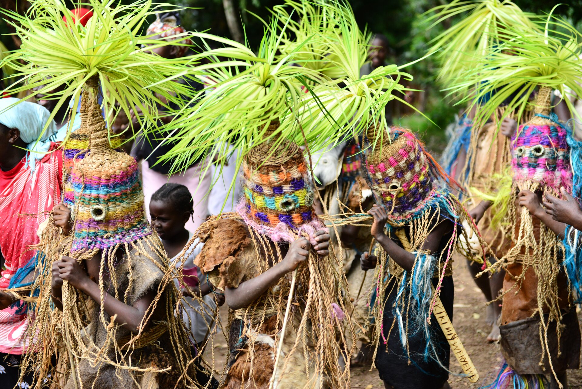  Fotografia przedstawia ludzi w ręcznie robionych, różnokolorowych maskach plecionych z trawy, które przykrywają całą głowę a u nasady mają podłużne zakończenie z wplecionymi liśćmi. 