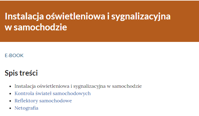 Widok początkowy po wejściu w e‑booka. Na górze znajduje się tytuł lekcji, poniżej zaznaczone, że jest to e‑book, a poniżej spis treści.