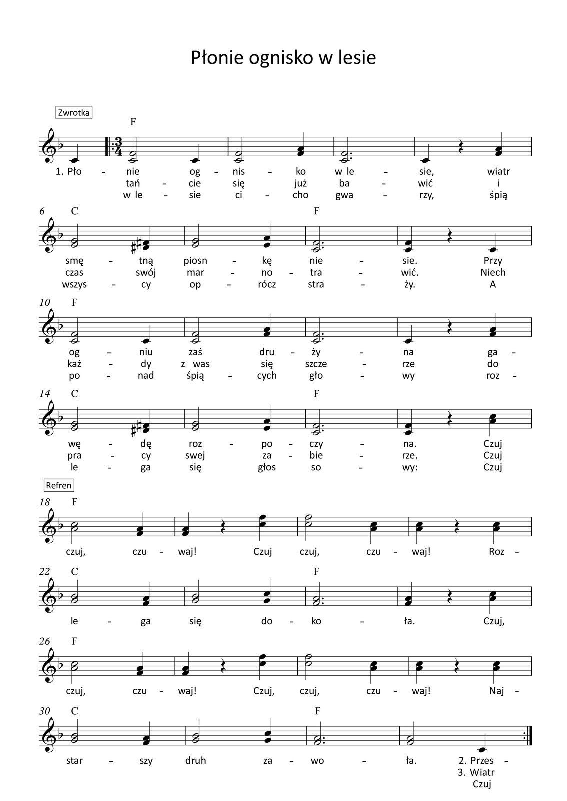 Grafika przedstawia partyturę utworu „Płonie ognisko w lesie”, który jest napisany w metrum trzy czwarte, w tonacji F‑dur. Partytura ma dwie strony, na których zapisano czterdzieści osiem taktów oraz przedtakt. Melodię w dwugłosie zapisano w kluczu wiolinowym, a pod nutami zanotowano tekst, łącznie trzy zwrotki. Wszystkie dźwięki należą do oktaw małej, razkreślnej lub dwukreślnej. To jest opis pierwszej strony partytury.
W pierwszych czterech linijkach, czyli od przedtaktu do taktu szesnastego zapisano zwrotkę utworu. W przedtakcie śpiewana jest ćwierćnuta c w obu głosach. W pierwszym takcie na pierwsze dwie miary w górnym głosie śpiewana jest półnuta f, a na miarę trzecią ćwierćnuta c. W głosie dolnym na pierwsze dwie miary śpiewana jest półnuta c, a na miarę trzecią ponownie ćwierćnuta e. Nad taktem zapisano akord F‑dur, a przed taktem oznaczono początek repetycji. W takcie drugim w górnym głosie na pierwsze dwie miary śpiewana jest półnuta f, a na miarę trzecią ćwierćnuta a. W głosie dolnym na pierwsze dwie miary śpiewana jest półnuta c, a na miarę trzecią ćwierćnuta f. Nad taktem zapisano akord F‑dur. W trzecim takcie w górnym głosie śpiewana jest półnuta z kropką f, a w głosie dolnym półnuta z kropką c. Nad taktem zapisano akord F‑dur. W takcie czwartym w górnym głosie na pierwszą miarę zapisano ćwierćnutę c, na miarę drugą pauzę ćwierćnutową, natomiast na trzecią miarę ćwierćnutę a. W dolnym głosie na pierwszą miarę śpiewana jest ćwierćnuta c, na miarę drugą zapisano pauzę ćwierćnutową, natomiast na miarę trzecią ćwierćnutę f. Nad taktem zapisano akord F‑dur.
W takcie piątym w górnym głosie na pierwsze dwie miary śpiewana jest półnuta g, a na miarę trzecią ćwierćnuta fis. W głosie dolnym na pierwsze dwie miary śpiewana jest półnuta e, a na miarę trzecią ćwierćnuta dis. Nad taktem zapisano akord C‑dur. W szóstym takcie w górnym głosie na pierwsze dwie miary śpiewana jest półnuta g, a na miarę trzecią ćwierćnuta a. W głosie dolnym na pierwsze dwie miary śpiewana jest półnuta e, a na miarę trzecią ponownie ćwierćnuta e. Nad taktem zapisano akord C‑dur. W takcie siódmym śpiewana jest półnuta z kropką f w górnym głosie oraz półnuta z kropką c w głosie dolnym. Nad taktem zapisano akord F‑dur. W ósmym takcie w górnym głosie na pierwszą miarę zapisano ćwierćnutę f, na miarę drugą pauzę ćwierćnutową, a na miarę trzecią ćwierćnutę c. W dolnym głosie na pierwszą miarę śpiewana jest ćwierćnuta c, na miarę drugą zapisano pauzę ćwierćnutową, a na trzecią miarę ćwierćnutę c. Nad taktem zapisano akord F‑dur.
W dziewiątym takcie na pierwsze dwie miary w górnym głosie śpiewana jest półnuta f, a na miarę trzecią ćwierćnuta c. W głosie dolnym na pierwsze dwie miary śpiewana jest półnuta c, a na miarę trzecią ponownie ćwierćnuta e. Nad taktem zapisano akord F‑dur, a przed taktem oznaczono początek repetycji. W takcie dziesiątym w górnym głosie na pierwsze dwie miary śpiewana jest półnuta f, a na miarę trzecią ćwierćnuta a. W głosie dolnym na pierwsze dwie miary śpiewana jest półnuta c, a na miarę trzecią ćwierćnuta f. Nad taktem zapisano akord F‑dur. W jedenastym takcie w górnym głosie śpiewana jest półnuta z kropką f, a w głosie dolnym półnuta z kropką c. Nad taktem zapisano akord F‑dur. W takcie dwunastym w górnym głosie na pierwszą miarę zapisano ćwierćnutę c, na miarę drugą pauzę ćwierćnutową, natomiast na trzecią miarę ćwierćnutę a. W dolnym głosie na pierwszą miarę śpiewana jest ćwierćnuta c, na miarę drugą zapisano pauzę ćwierćnutową, natomiast na miarę trzecią ćwierćnutę f. Nad taktem zapisano akord F‑dur.
W takcie trzynastym w górnym głosie na pierwsze dwie miary śpiewana jest półnuta g, a na miarę trzecią ćwierćnuta fis. W głosie dolnym na pierwsze dwie miary śpiewana jest półnuta e, a na miarę trzecią ćwierćnuta dis. Nad taktem zapisano akord C‑dur. W czternastym takcie w górnym głosie na pierwsze dwie miary śpiewana jest półnuta g, a na miarę trzecią ćwierćnuta a. W głosie dolnym na pierwsze dwie miary śpiewana jest półnuta e, a na miarę trzecią ponownie ćwierćnuta e. Nad taktem zapisano akord C‑dur. W takcie piętnastym śpiewana jest półnuta z kropką f w górnym głosie oraz półnuta z kropką c w głosie dolnym. Nad taktem zapisano akord F‑dur. W szesnastym takcie w górnym głosie na pierwszą miarę zapisano ćwierćnutę f, na miarę drugą pauzę ćwierćnutową, a na miarę trzecią ćwierćnutę c. W dolnym głosie na pierwszą miarę śpiewana jest ćwierćnuta c, na miarę drugą zapisano pauzę ćwierćnutową, a na trzecią miarę ćwierćnutę a. Nad taktem zapisano akord F‑dur.
Takty od siedemnastego do trzydziestego drugiego to refren utworu. W takcie siedemnastym w górnym głosie na pierwsze dwie miary śpiewana jest półnuta c, a na miarę trzecią ćwierćnuta a. W głosie dolnym na pierwsze dwie miary śpiewana jest półnuta a, a na trzecią miarę ćwierćnuta f. Nad taktem zapisano akord F‑dur. W osiemnastym takcie w górnym głosie na pierwszą miarę śpiewana jest ćwierćnuta a, na miarę drugą zapisano pauzę ćwierćnutową, natomiast na trzecią miarę wykonywana jest ćwierćnuta f. W głosie dolnym na pierwszą miarę zapisano ćwierćnutę f, na miarę drugą pauzę ćwierćnutową, a na trzecią miarę ćwierćnutę c. Nad taktem zapisano akord F‑dur. W takcie dziewiętnastym w górnym głosie na pierwsze dwie miary śpiewana jest półnuta f, a na miarę trzecią ćwierćnuta c. W głosie dolnym na dwie pierwsze miary śpiewana jest półnuta c, a na miarę trzecią ćwierćnuta a. Nad taktem zapisano akord F‑dur. W dwudziestym takcie w górnym głosie na pierwszą miarę śpiewana jest ćwierćnuta c, na miarę drugą zaznaczono pauzę ćwierćnutową, a na trzecią miarę ćwierćnutę c. W głosie dolnym na pierwszą miarę zapisano ćwierćnutę a, na miarę drugą pauzę ćwierćnutową, a na trzecią miarę ponownie ćwierćnutę a. Nad taktem zapisano akord F‑dur.
W dwudziestym pierwszym takcie w górnym głosie na pierwsze dwie miary śpiewana jest półnuta b, a na miarę trzecią ćwierćnuta a. W głosie dolnym na pierwsze dwie miary śpiewana jest półnuta g, a na miarę trzecią ćwierćnuta f. Nad taktem zapisano akord C‑dur. W takcie dwudziestym drugim w górnym głosie na pierwsze dwie miary śpiewana jest półnuta b, a na miarę trzecią ćwierćnuta c. W głosie dolnym na pierwsze dwie miary śpiewana jest półnuta g, a na miarę trzecią ćwierćnuta g. Nad taktem zapisano akord C‑dur. W dwudziestym trzecim takcie śpiewana jest półnuta z kropką a w górnym głosie, a w głosie dolnym półnuta z kropką f. Nad taktem zapisano akord F‑dur. W takcie dwudziestym czwartym w górnym głosie na pierwszą miarę wykonywana jest ćwierćnuta a, na miarę drugą zapisano pauzę ćwierćnutową, a na trzecią miarę ćwierćnutę c. W głosie dolnym na pierwszą miarę zapisano ćwierćnutę f, na drugą miarę pauzę ćwierćnutową, a na miarę trzecią ćwierćnutę a. Nad taktem zapisano akord F‑dur.
W takcie dwudziestym piątym w górnym głosie na pierwsze dwie miary śpiewana jest półnuta c, a na miarę trzecią ćwierćnuta a. W głosie dolnym na pierwsze dwie miary śpiewana jest półnuta a, a na trzecią miarę ćwierćnuta f. Nad taktem zapisano akord F‑dur. W dwudziestym szóstym takcie w górnym głosie na pierwszą miarę śpiewana jest ćwierćnuta a, na miarę drugą zapisano pauzę ćwierćnutową, natomiast na trzecią miarę wykonywana jest ćwierćnuta f. W głosie dolnym na pierwszą miarę zapisano ćwierćnutę f, na miarę drugą pauzę ćwierćnutową, a na trzecią miarę ćwierćnutę c. Nad taktem zapisano akord F‑dur. W takcie dwudziestym siódmym w górnym głosie na pierwsze dwie miary śpiewana jest półnuta f, a na miarę trzecią ćwierćnuta c. W głosie dolnym na dwie pierwsze miary śpiewana jest półnuta c, a na miarę trzecią ćwierćnuta a. Nad taktem zapisano akord F‑dur. W dwudziestym ósmym takcie w górnym głosie na pierwszą miarę śpiewana jest ćwierćnuta c, na miarę drugą zaznaczono pauzę ćwierćnutową, a na trzecią miarę ćwierćnutę c. W głosie dolnym na pierwszą miarę zapisano ćwierćnutę a, na miarę drugą pauzę ćwierćnutową, a na trzecią miarę ponownie ćwierćnutę a. Nad taktem zapisano akord F‑dur.
W dwudziestym dziewiątym takcie w górnym głosie na pierwsze dwie miary śpiewana jest półnuta b, a na miarę trzecią ćwierćnuta a. W głosie dolnym na pierwsze dwie miary śpiewana jest półnuta g, a na miarę trzecią ćwierćnuta f. Nad taktem zapisano akord C‑dur. W takcie trzydziestym w górnym głosie na pierwsze dwie miary śpiewana jest półnuta b, a na miarę trzecią ćwierćnuta c. W głosie dolnym na pierwsze dwie miary śpiewana jest półnuta g, a na miarę trzecią ćwierćnuta g. Nad taktem zapisano akord C‑dur. W trzydziestym pierwszym takcie śpiewana jest półnuta z kropką a w górnym głosie, a w głosie dolnym półnuta z kropką f. Nad taktem zapisano akord F‑dur. W takcie trzydziestym drugim w głosie górnym na pierwsze dwie miary śpiewana jest półnuta f, a na trzecią miarę ćwierćnuta c. W głosie dolnym na pierwsze dwie miary śpiewana jest półnuta a, a na miarę trzecią ćwierćnuta c. Nad taktem zapisano akord F‑dur, a po takcie koniec repetycji.
W taktach od trzydziestego trzeciego do czterdziestego ósmego zapisano zakończenie utworu. W takcie trzydziestym trzecim w górnym głosie na pierwsze dwie miary śpiewana jest półnuta c, a na miarę trzecią ćwierćnuta a. W głosie dolnym na pierwsze dwie miary śpiewana jest półnuta a, a na trzecią miarę ćwierćnuta f. Nad taktem zapisano akord F‑dur.