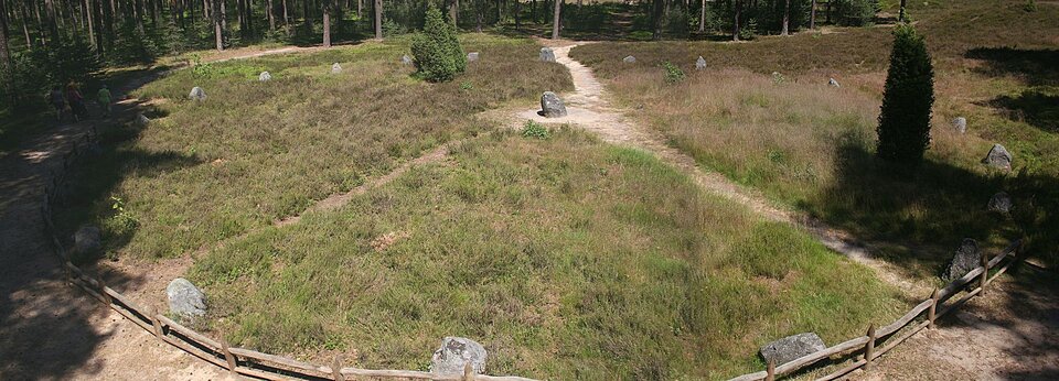 Zdjęcie przedstawia jeden z kamiennych kręgów na słynnym cmentarzysku w Odrach (województwo pomorskie, Polska).  W centralnej części zdjęcia widać krąg kamieni ustawionych w równych odstępach, otoczony drewnianym ogrodzeniem ochronnym.      Krąg składa się z nierówno wystających z ziemi głazów. Wewnątrz kręgu teren jest porośnięty niską roślinnością (trawy, wrzosy). W tle rozciąga się las sosnowy.