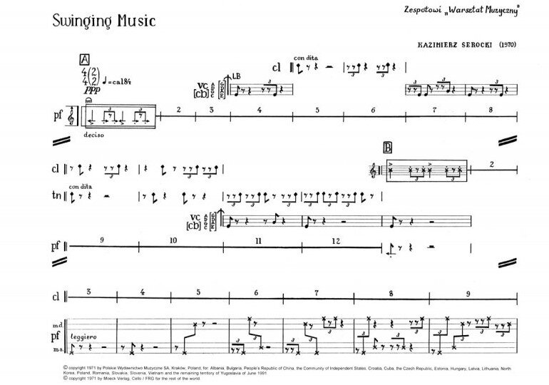 Fragment partytury utworu „Swinging Music” skomponowanego przez Kazimierza Serockiego w 1970 roku, zawierający zapis nutowy dla różnych instrumentów z oznaczeniami rytmicznymi, dynamiką i numeracją taktów.